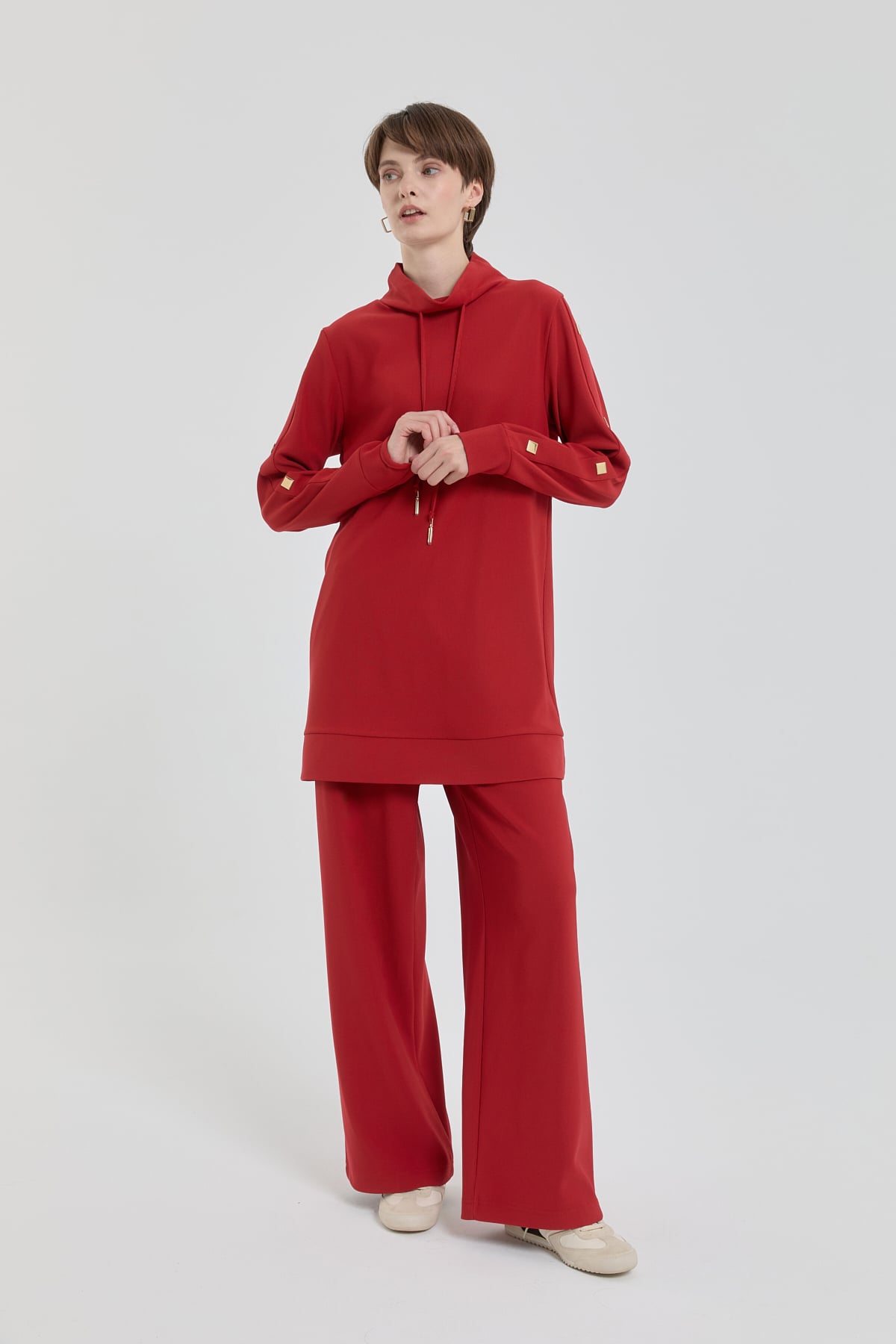 NİHAN Suits Parlak Taş Detaylı Örme Pantolon Tunik Takım  Kiremit_modest