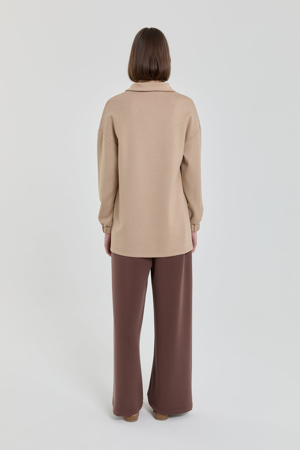 NİHAN Sweat Şeritli Devrik yaka Örme Sweat  Camel_modest