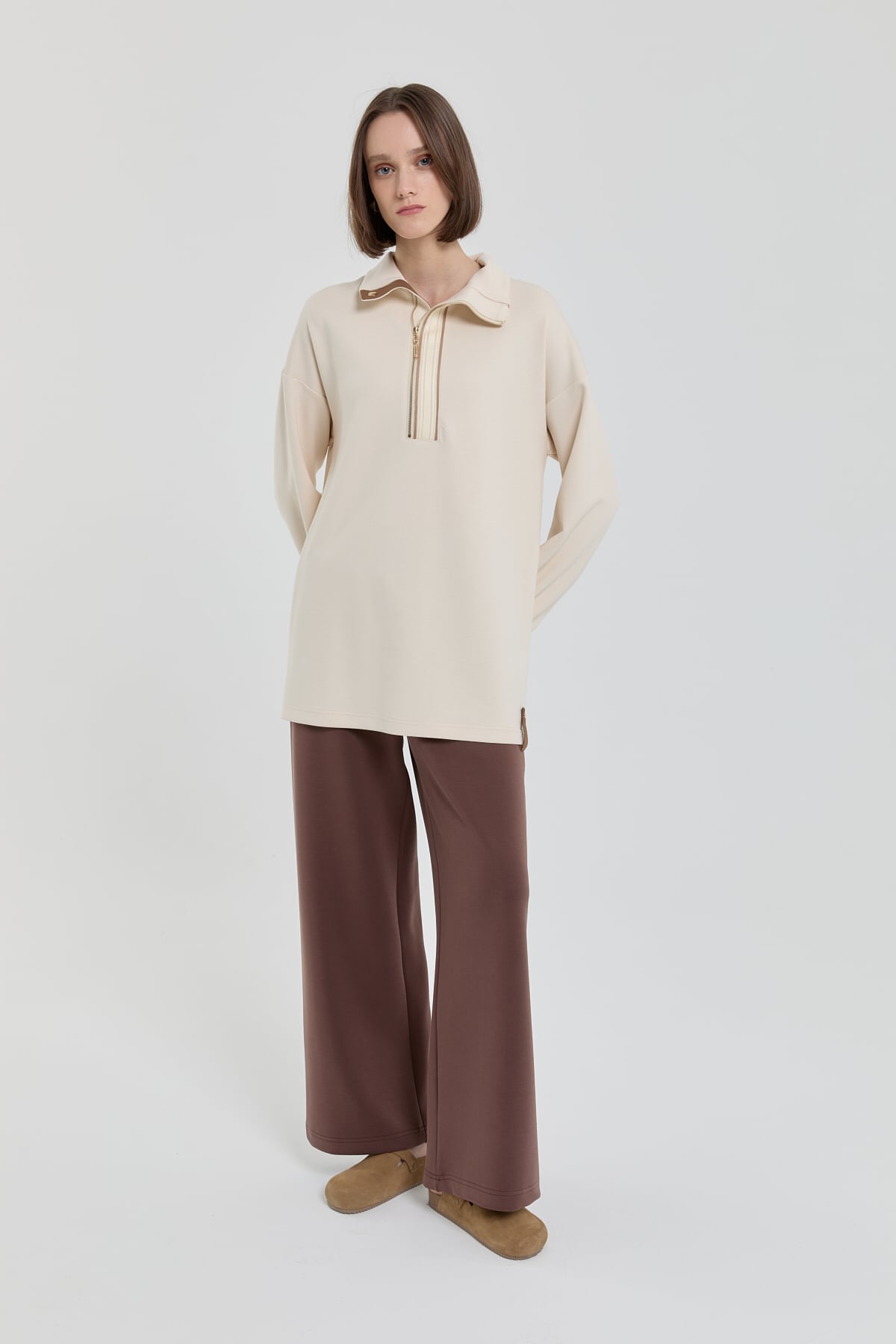 NİHAN Sweat Şeritli Devrik yaka Örme Sweat  Krem_modest