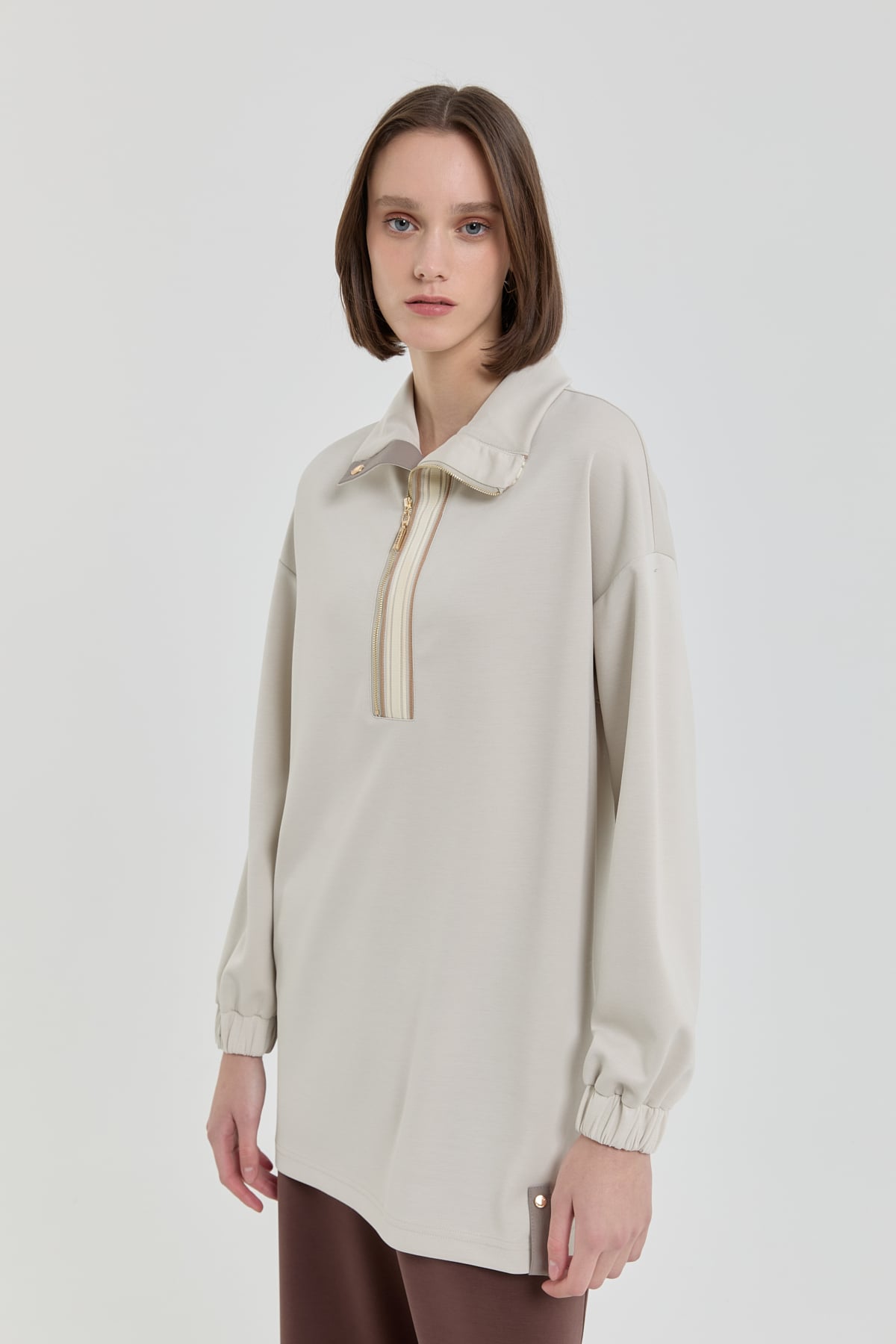 NİHAN Sweat Şeritli Devrik yaka Örme Sweat  Taş_modest