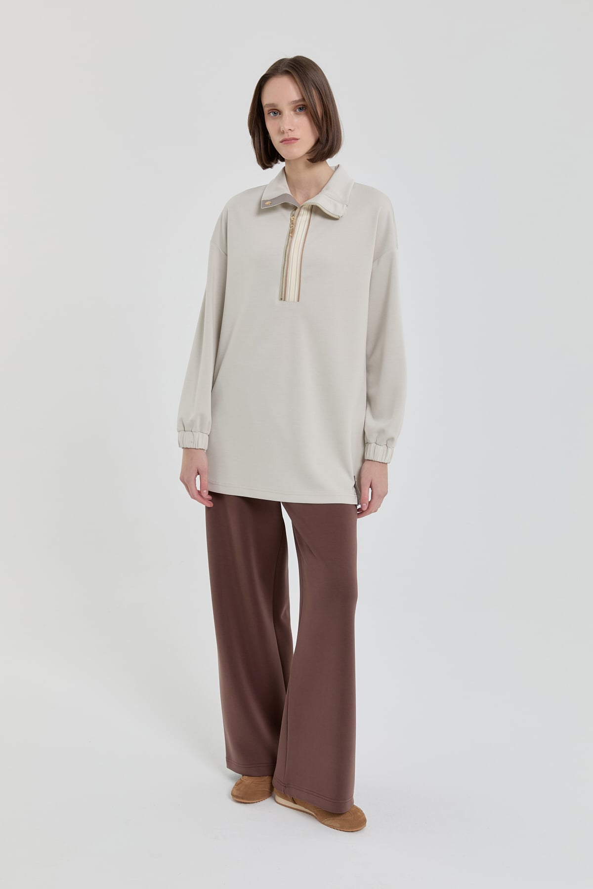 NİHAN Sweat Şeritli Devrik yaka Örme Sweat  Taş_modest