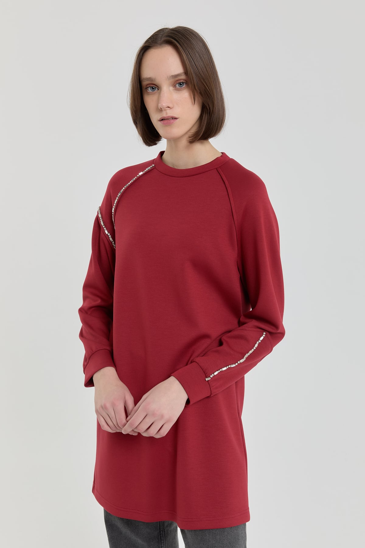 NİHAN Sweat Taş Detaylı Örme Sweat  Bordo_modest