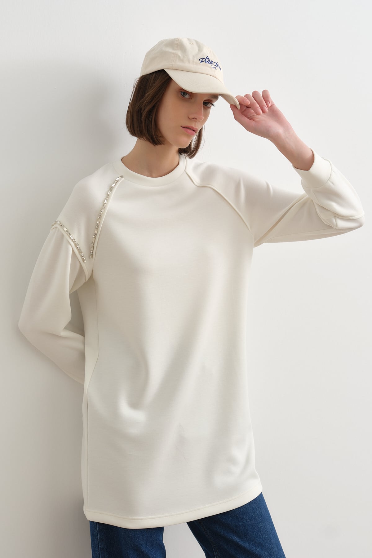 NİHAN Sweat Taş Detaylı Örme Sweat  Ekru_modest