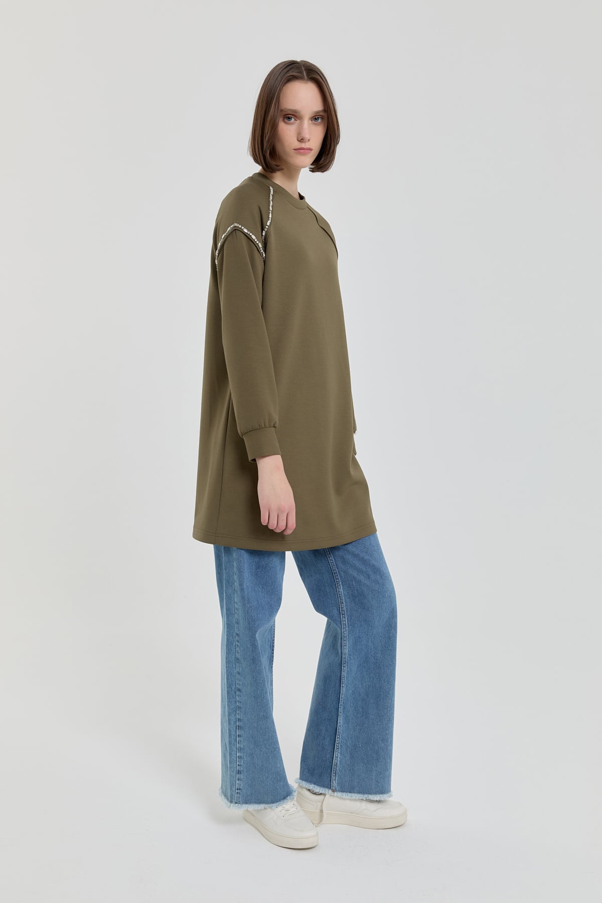 NİHAN Sweat Taş Detaylı Örme Sweat  Haki_modest