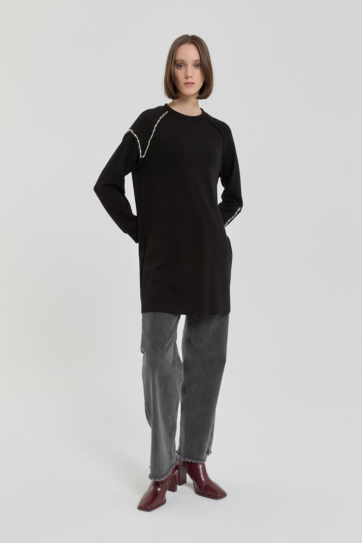 NİHAN Sweatshirt Taş Detaylı Örme Sweat  Siyah_modest