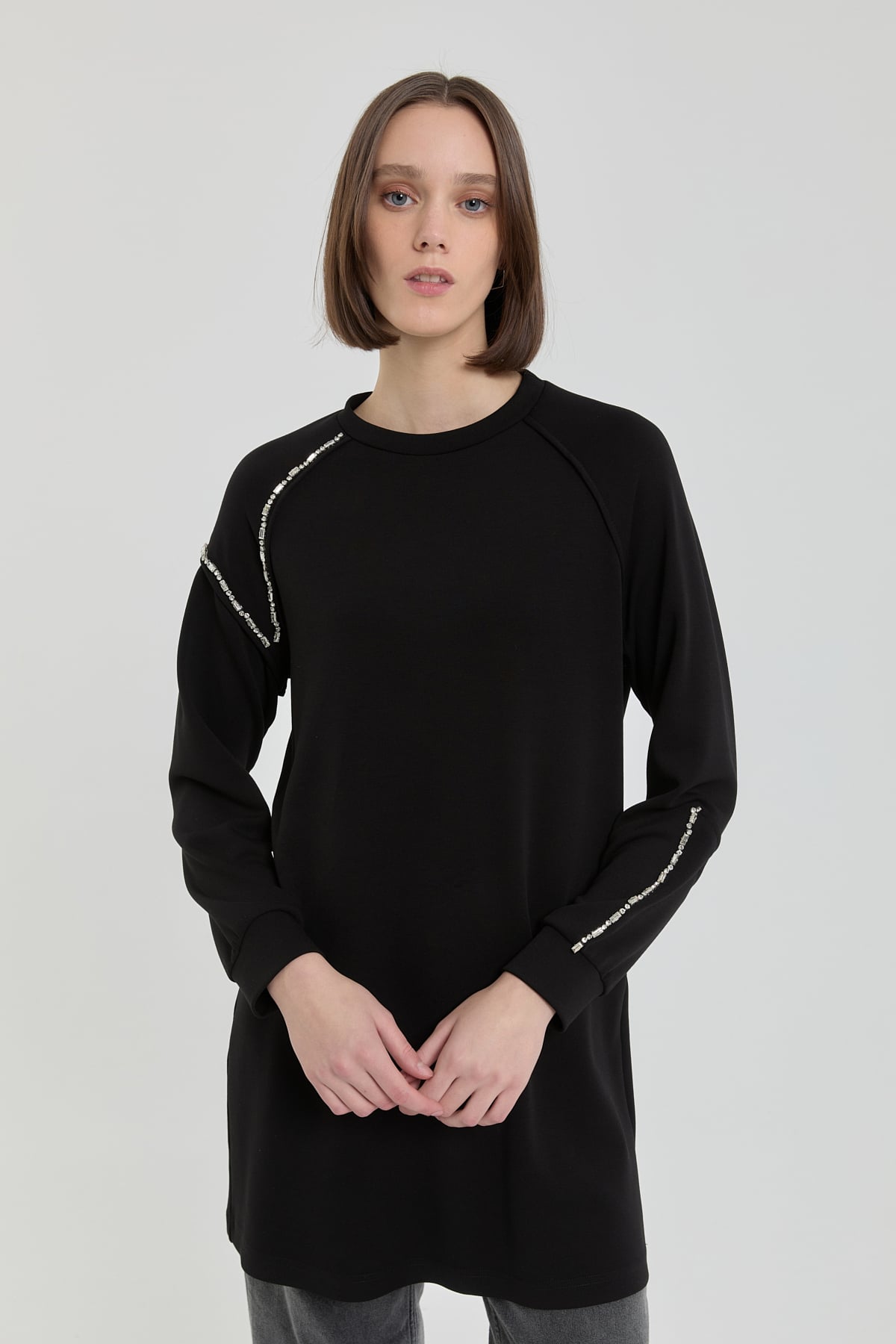 NİHAN Sweatshirt Taş Detaylı Örme Sweat  Siyah_modest