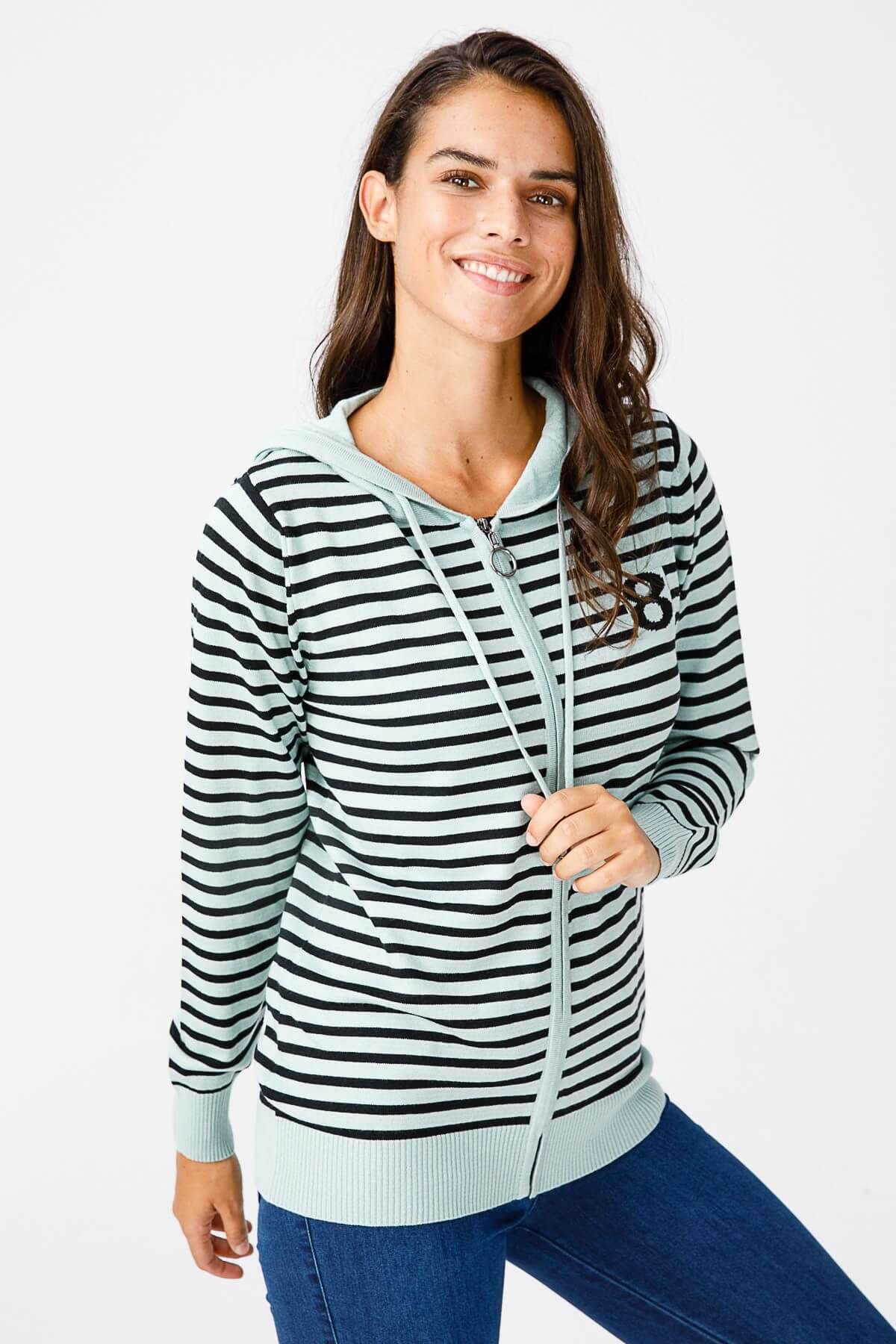 ON TRİKO Cardigan Hırka Kapüşonlu Çizgili Spor  Mint