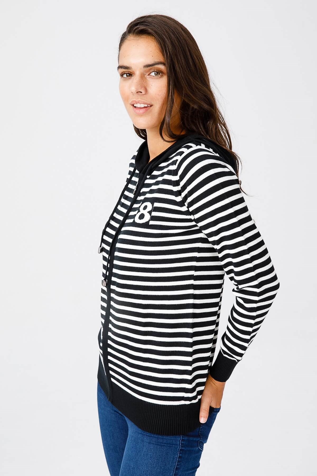 ON TRİKO Cardigan Hırka Kapüşonlu Çizgili Spor  Ekru