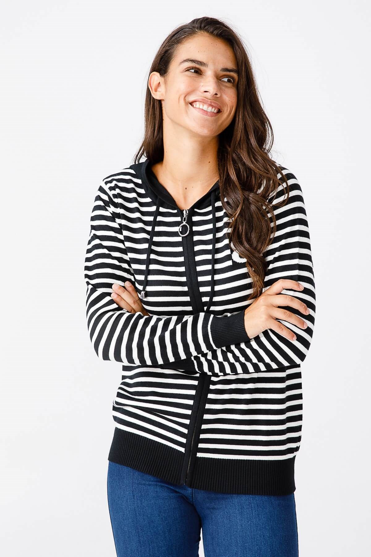 ON TRİKO Cardigan Hırka Kapüşonlu Çizgili Spor  Ekru