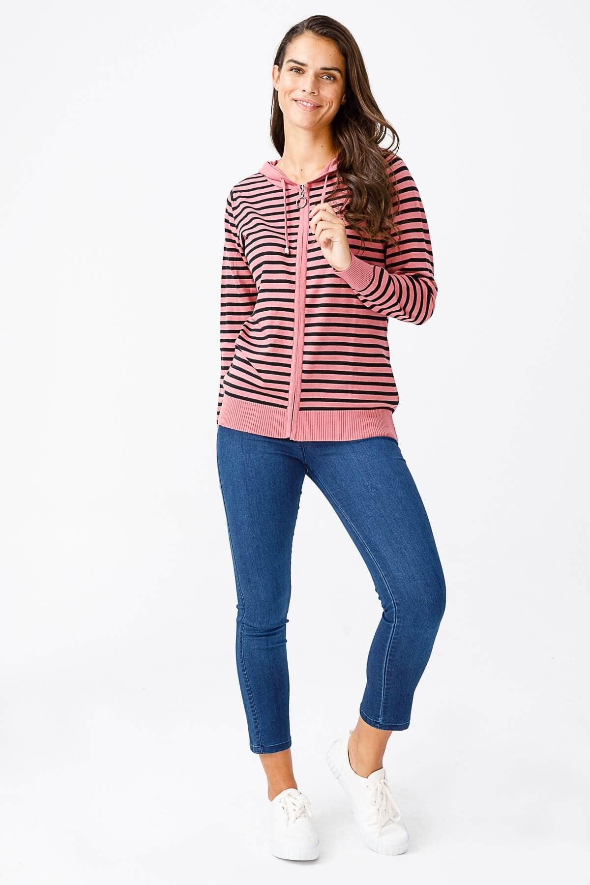 ON TRİKO Cardigan Hırka Kapüşonlu Çizgili Spor  Rose