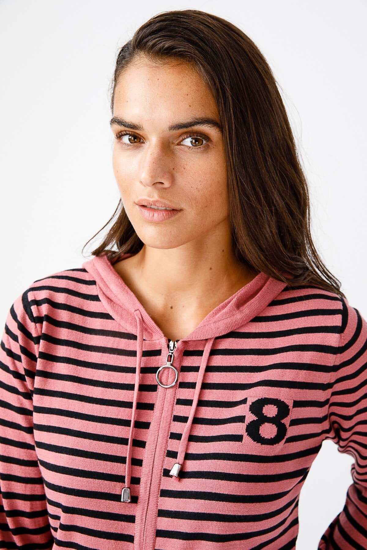 ON TRİKO Cardigan Hırka Kapüşonlu Çizgili Spor  Rose