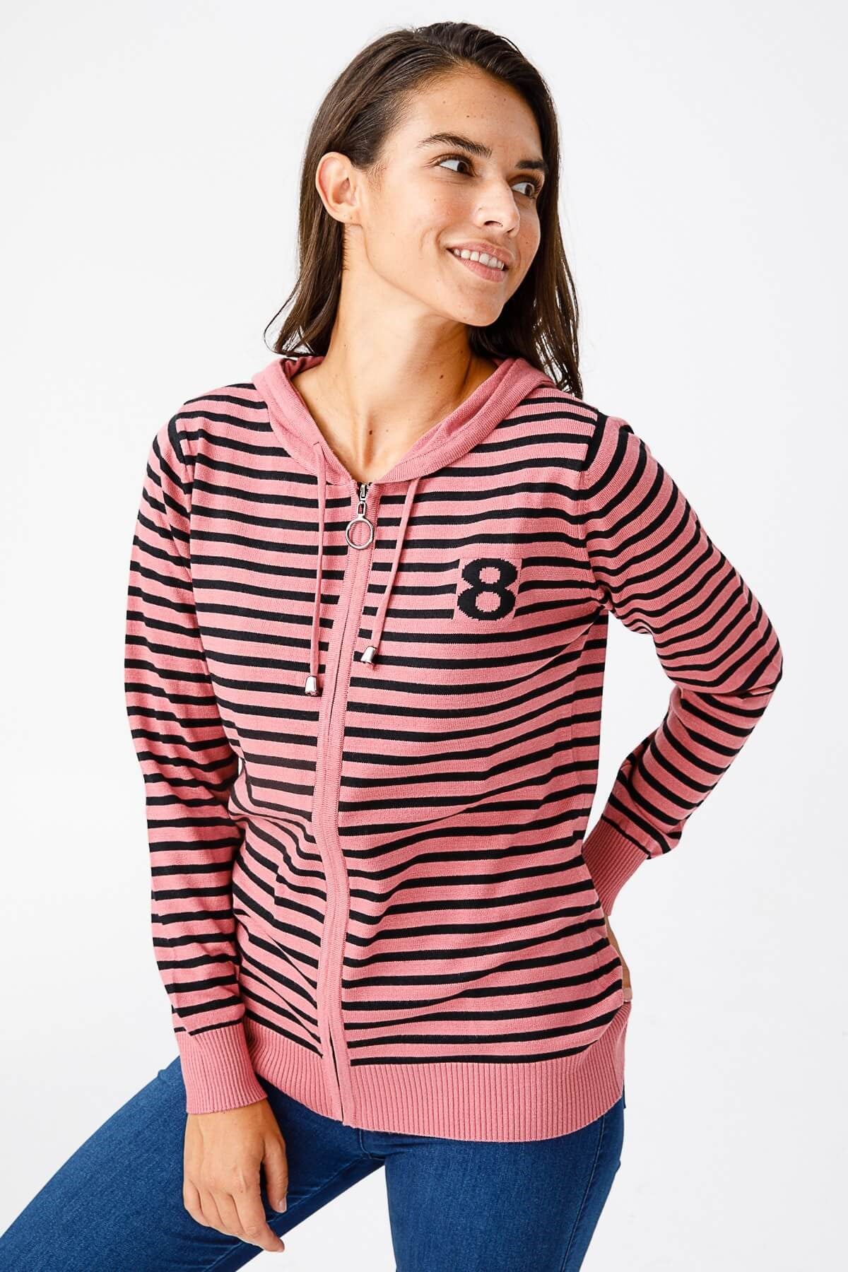 ON TRİKO Cardigan Hırka Kapüşonlu Çizgili Spor  Rose