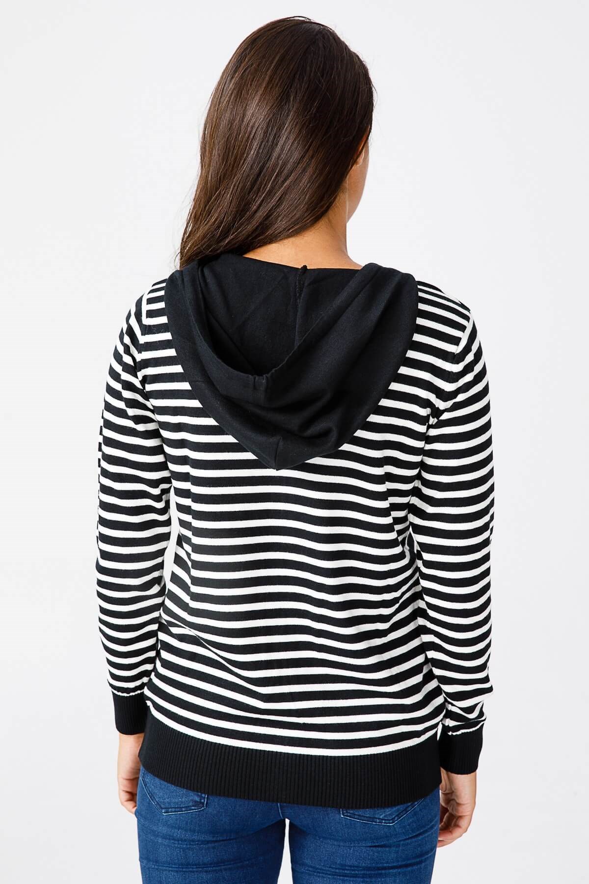 ON TRİKO Cardigan Hırka Kapüşonlu Çizgili Spor  Ekru