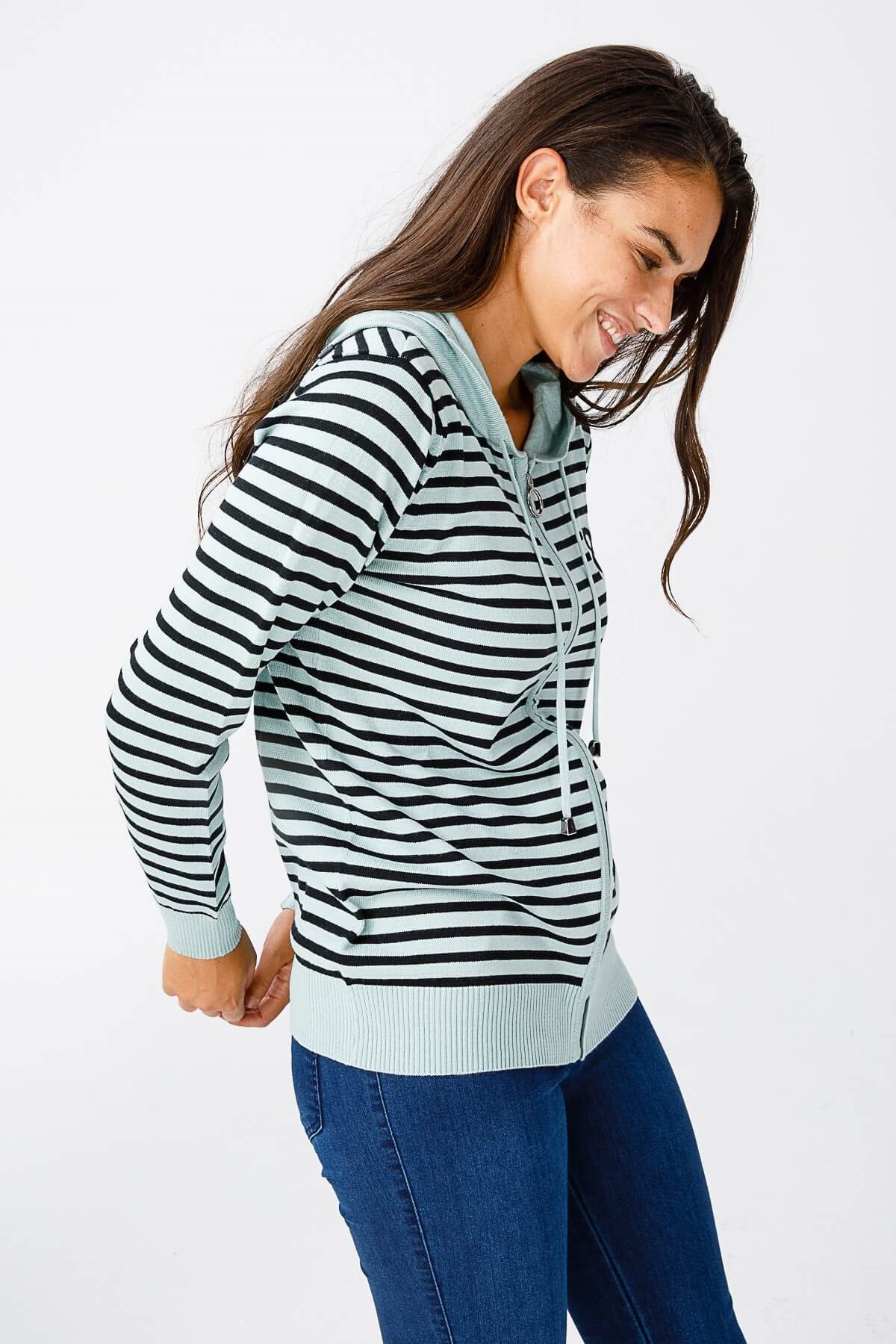 ON TRİKO Cardigan Hırka Kapüşonlu Çizgili Spor  Mint