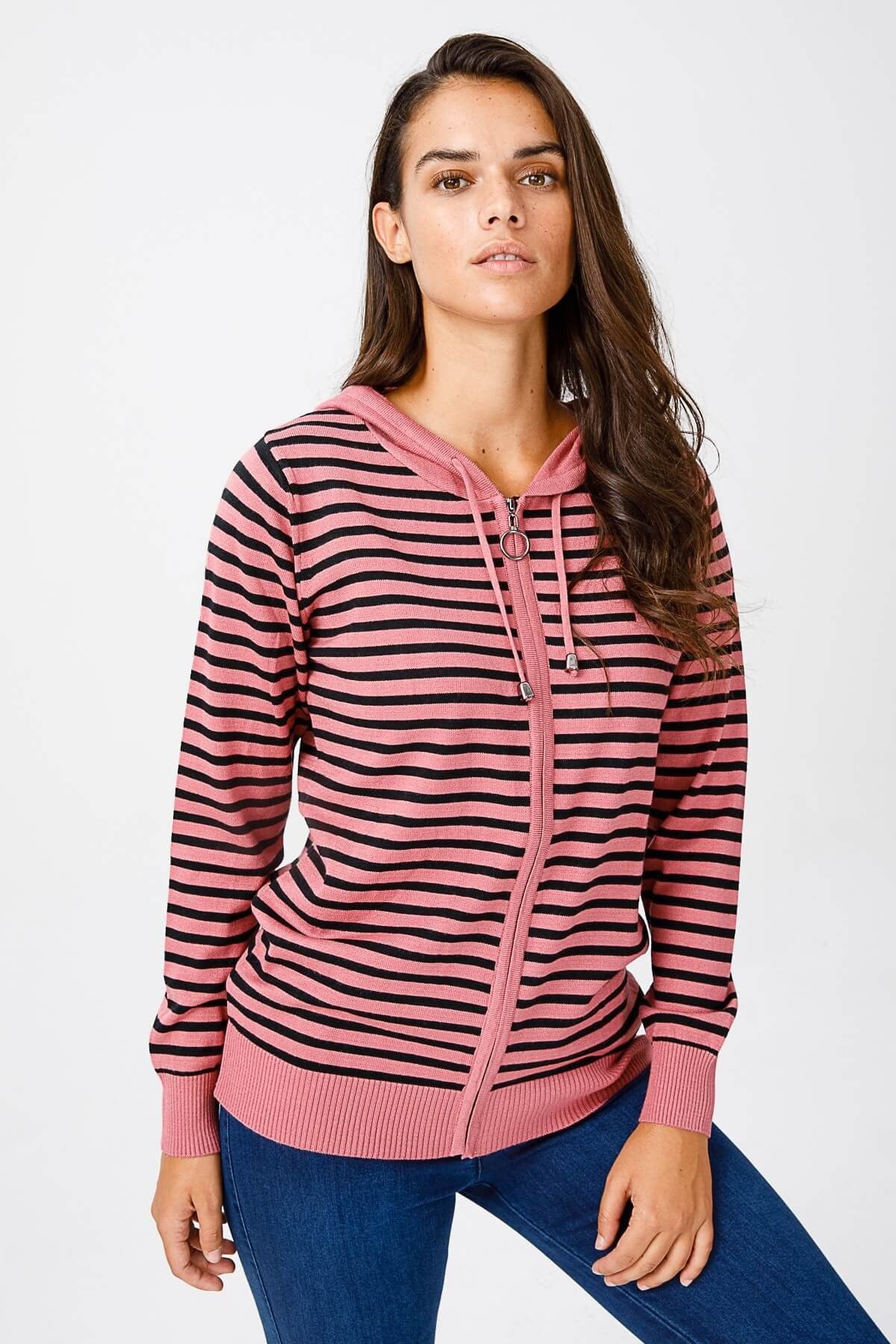 ON TRİKO Cardigan Hırka Kapüşonlu Çizgili Spor  Rose