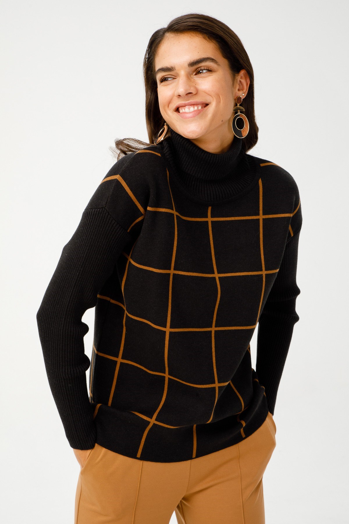 ON TRİKO Tunic Kazak Balıkçı Yaka Önü Çizgi Kare Desenli  Camel