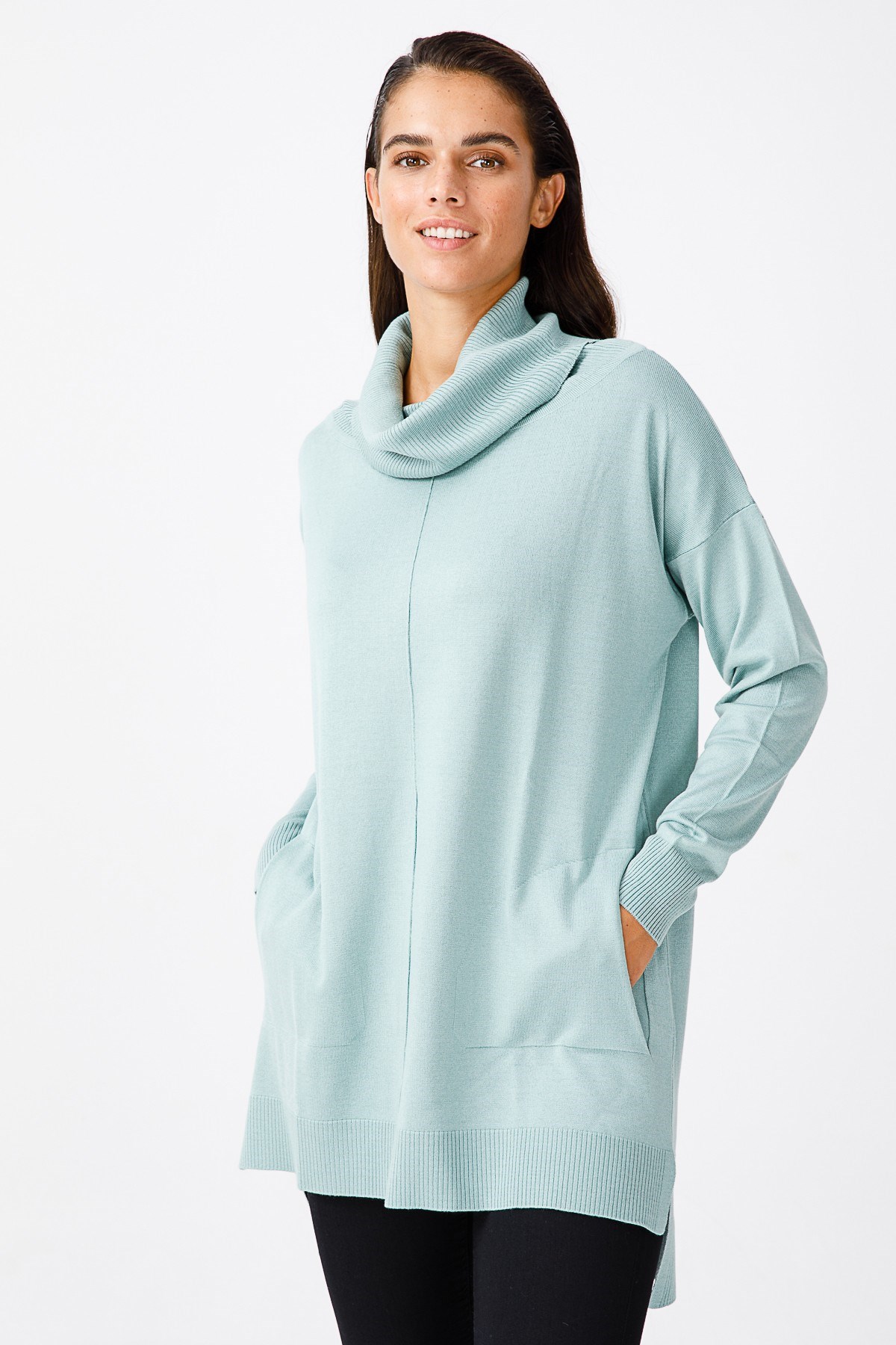 ON TRİKO Tunic Kazak Degaje Yaka Cep Detaylı Rahat Kalıp  Mint