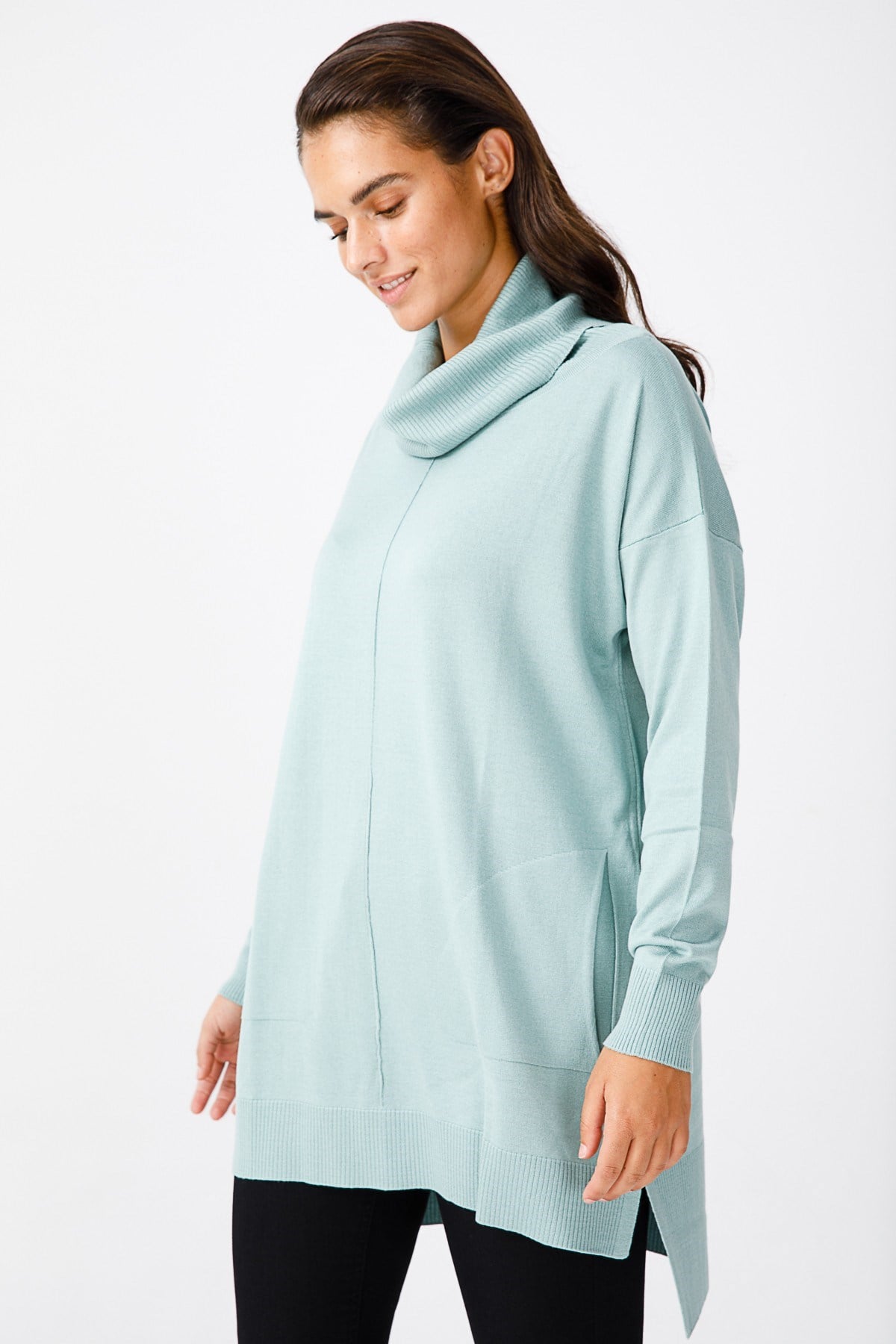 ON TRİKO Tunic Kazak Degaje Yaka Cep Detaylı Rahat Kalıp  Mint