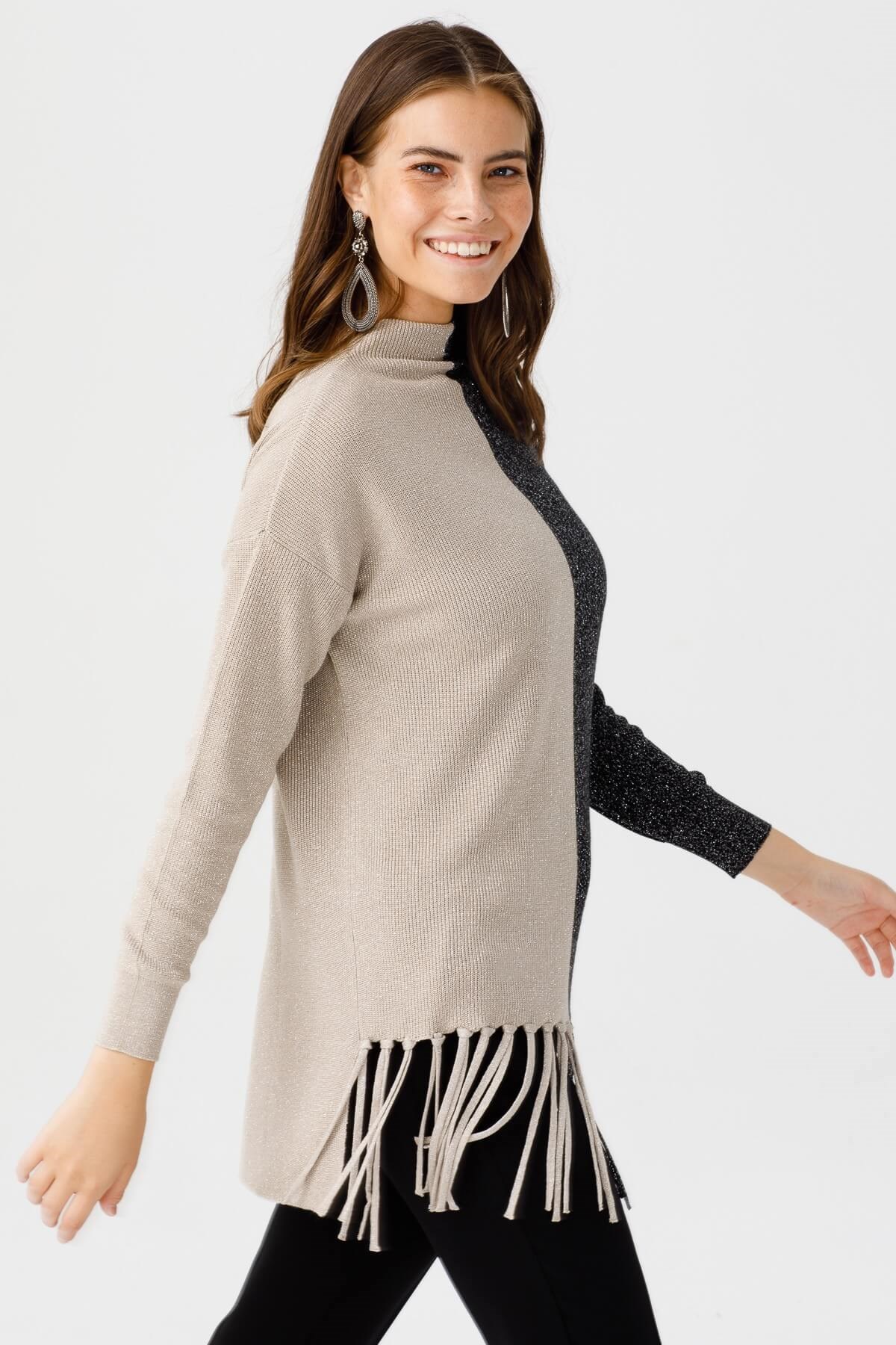 ON TRİKO Tunic On Triko İki Renkli Altı Püsküllü Tunik  Bej