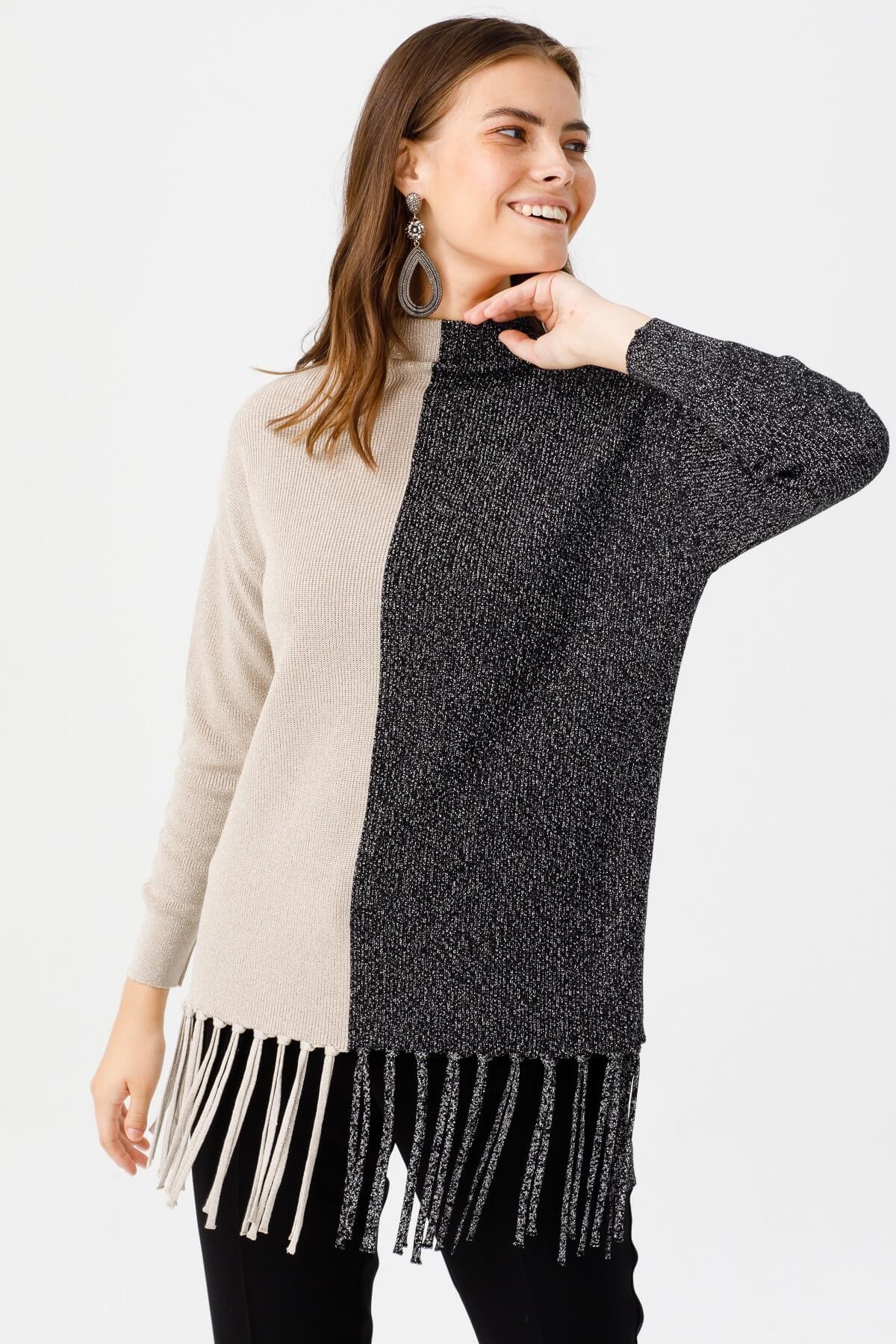 ON TRİKO Tunic On Triko İki Renkli Altı Püsküllü Tunik  Bej