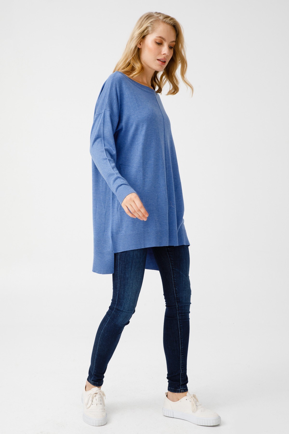 ON TRİKO Tunic On Triko Kayık Yaka, Kalın Lastikli Kazak  Havacı Mavi
