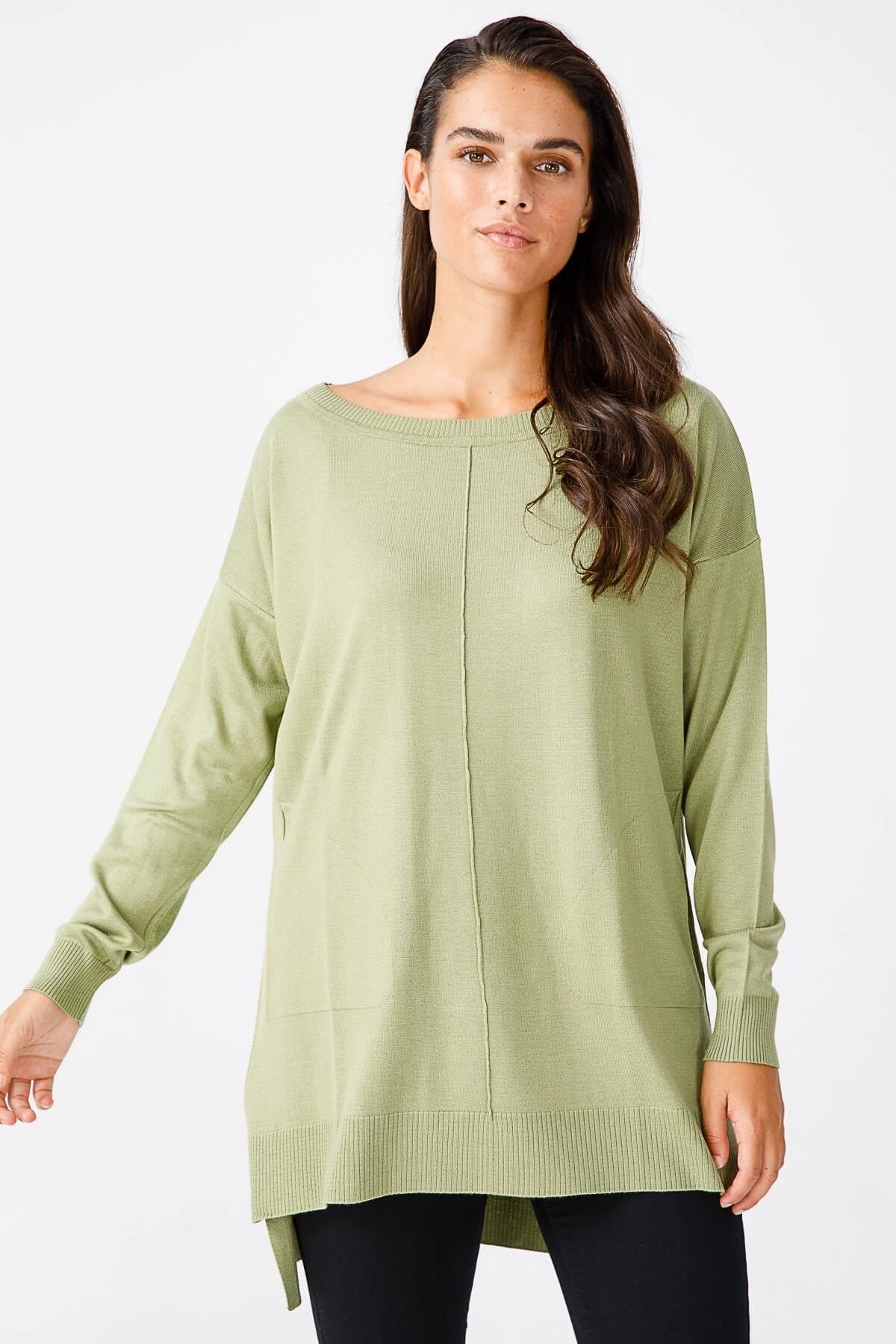 ON TRİKO Tunic On Triko Kayık Yaka, Kalın Lastikli Kazak  Kivi