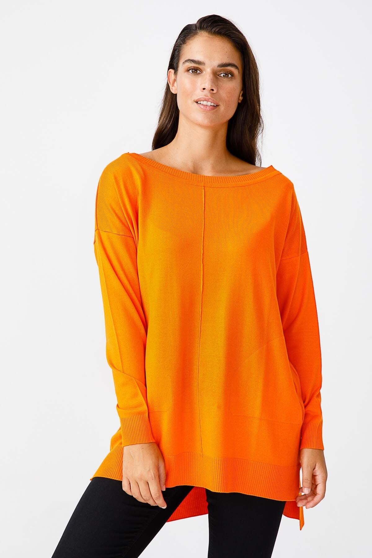 ON TRİKO Tunic On Triko Kayık Yaka, Kalın Lastikli Kazak  Oranj