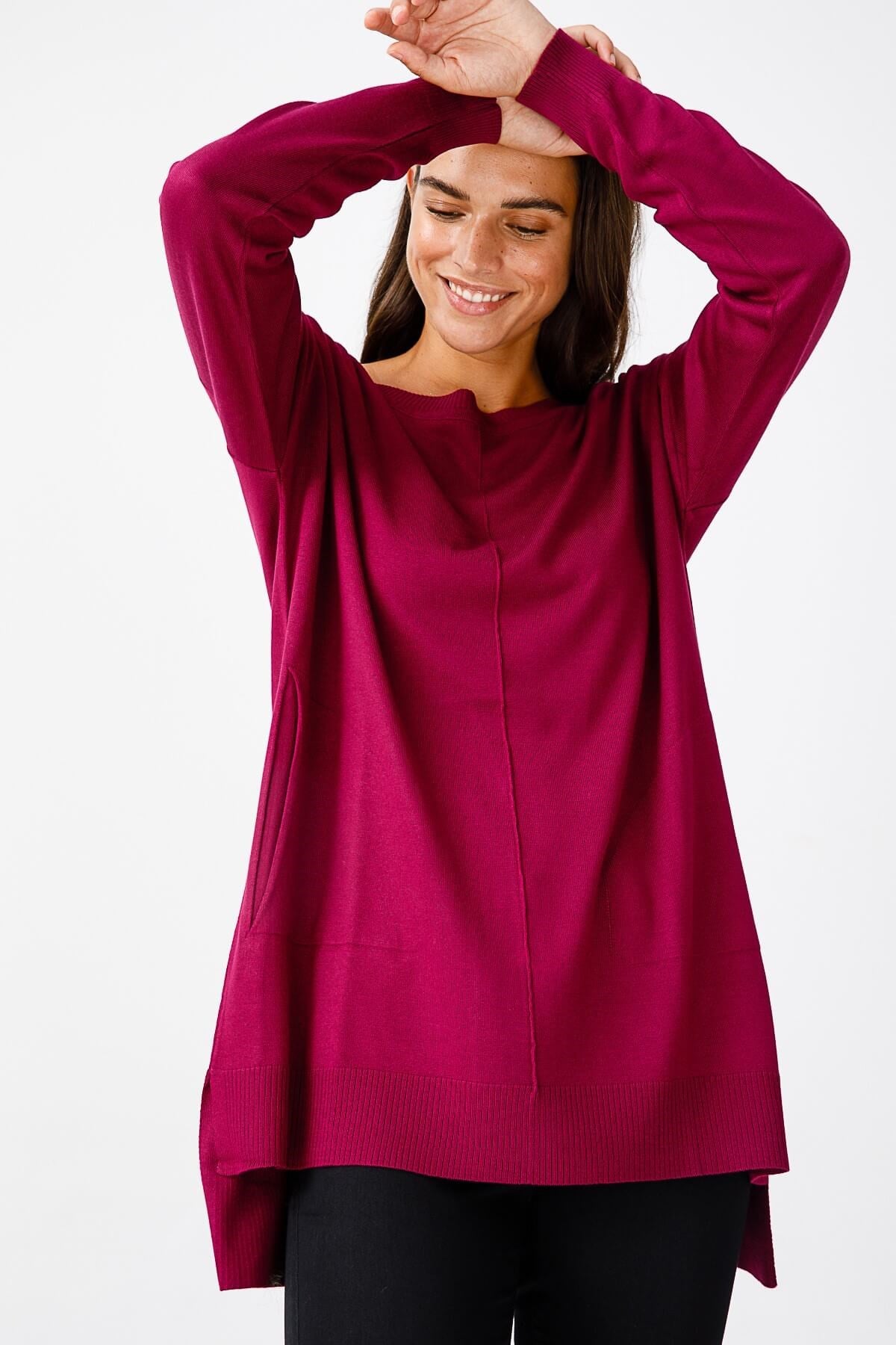 ON TRİKO Tunic On Triko Kayık Yaka, Kalın Lastikli Kazak  Mürver