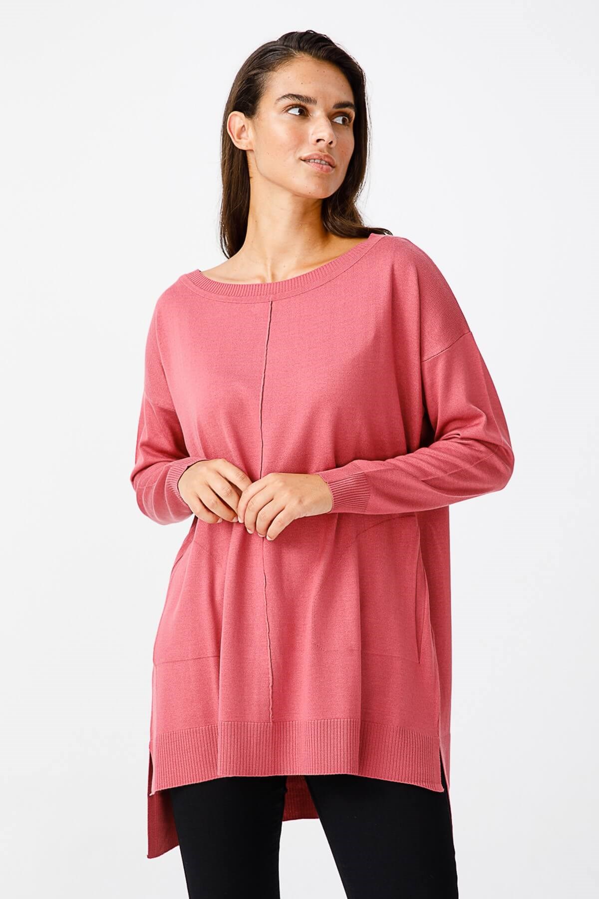 ON TRİKO Tunic On Triko Kayık Yaka, Kalın Lastikli Kazak  Rose