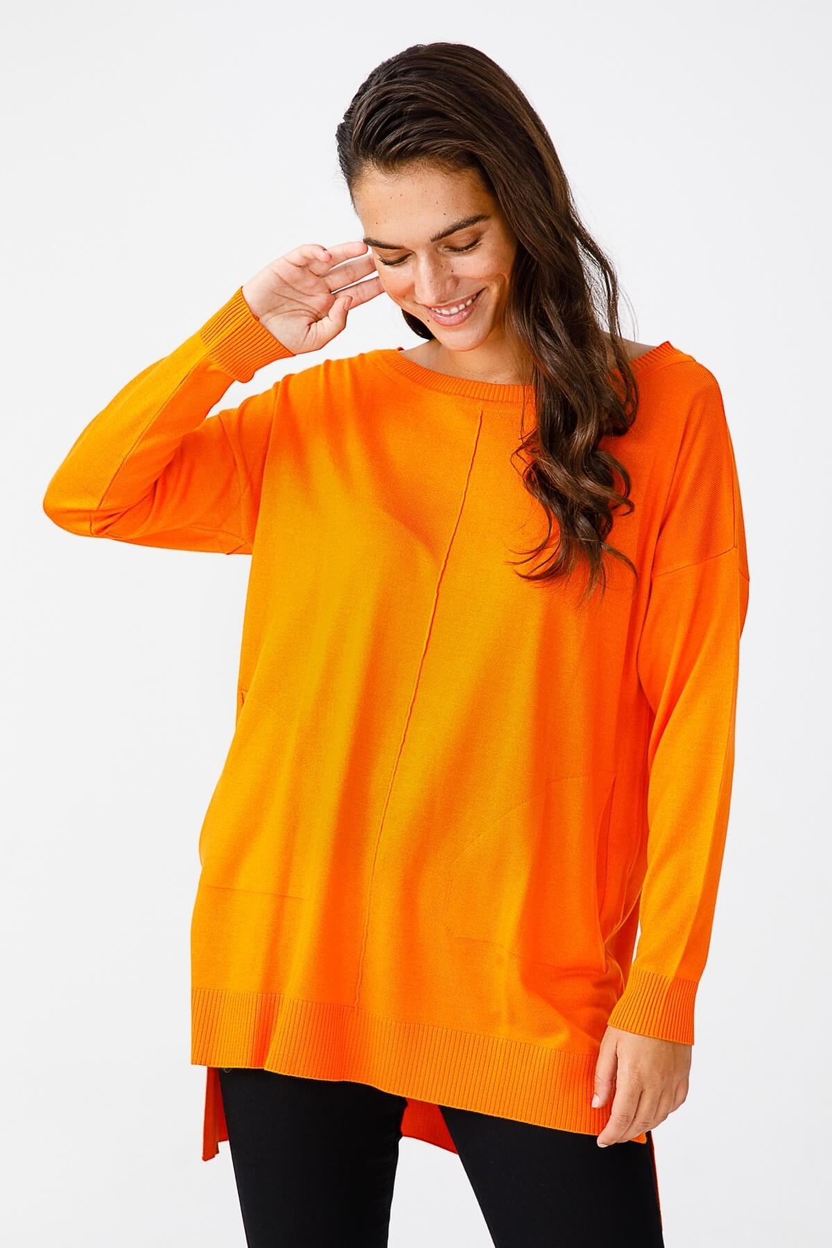 ON TRİKO Tunic On Triko Kayık Yaka, Kalın Lastikli Kazak  Oranj