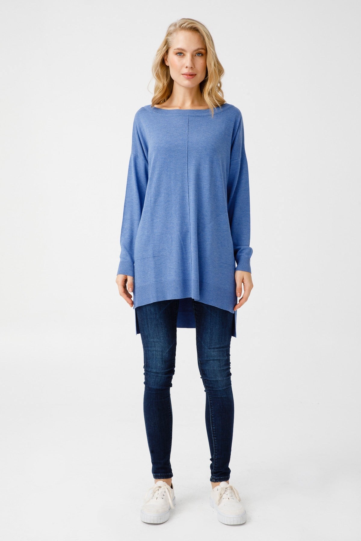 ON TRİKO Tunic On Triko Kayık Yaka, Kalın Lastikli Kazak  Havacı Mavi