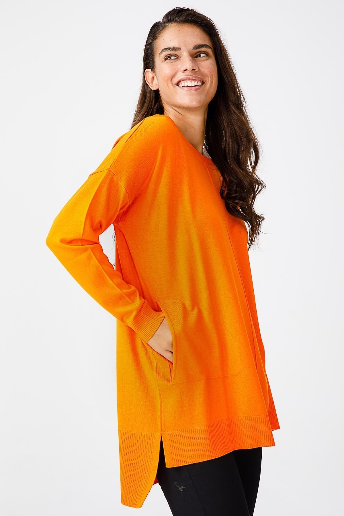 ON TRİKO Tunic On Triko Kayık Yaka, Kalın Lastikli Kazak  Oranj