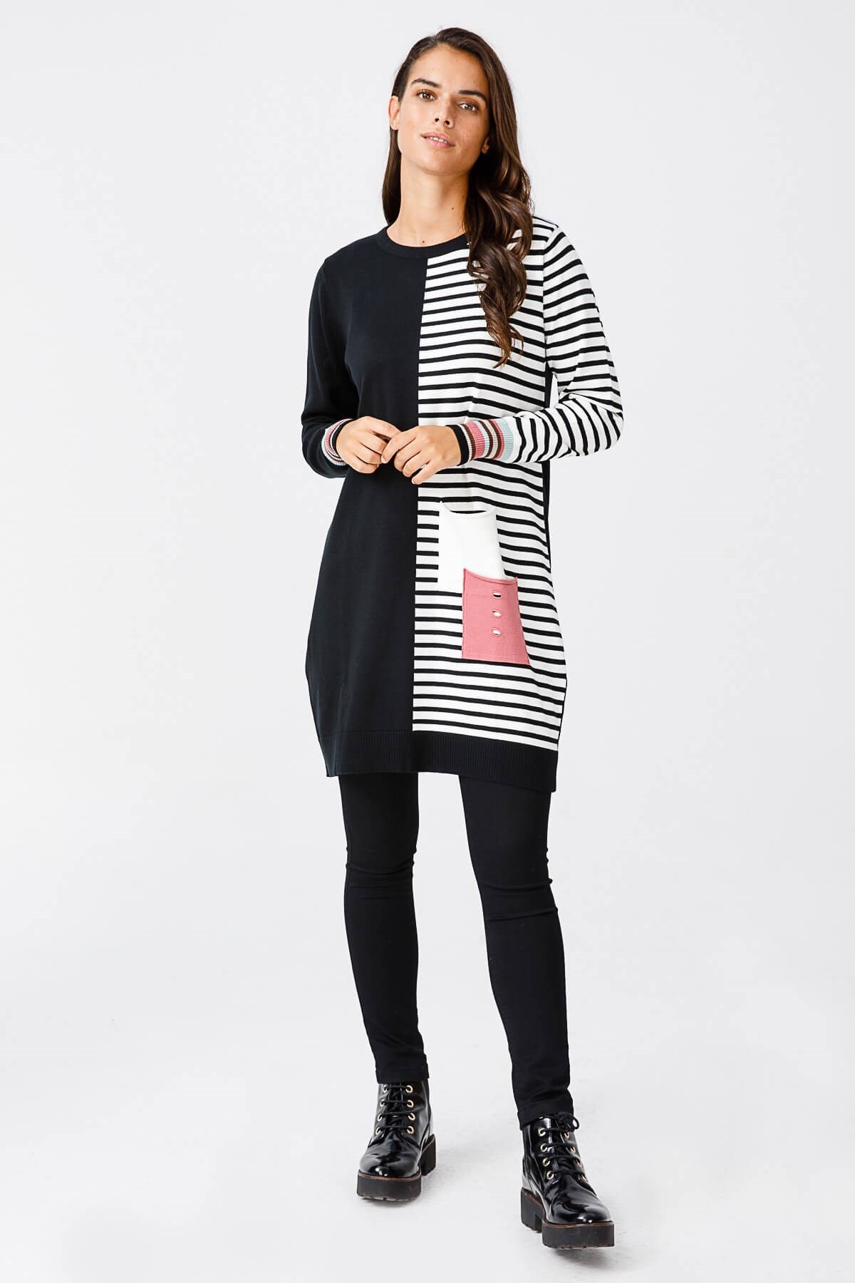 ON TRİKO Tunic On Triko  Kolu Çok Renkli Yarısı Çizgili Cep Detaylı Tunik  Siyah
