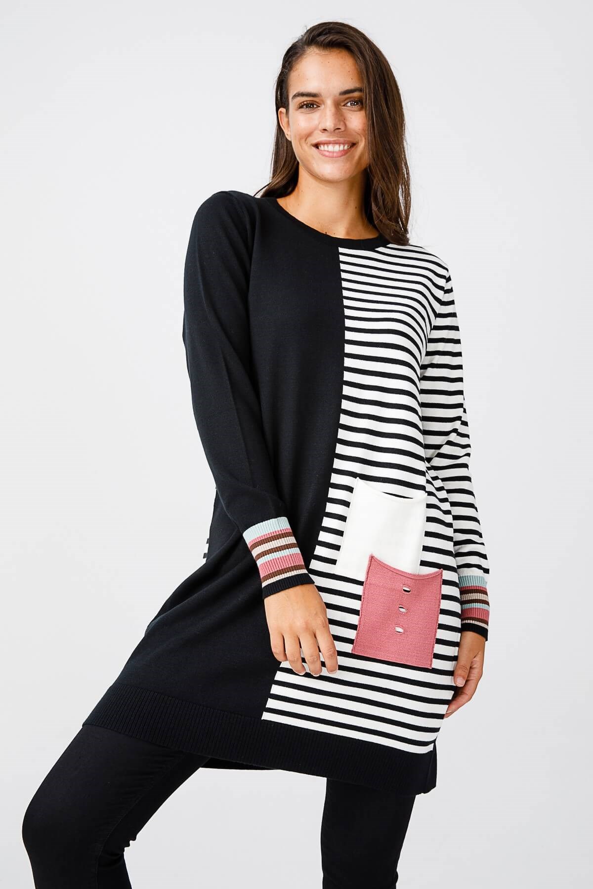 ON TRİKO Tunic On Triko  Kolu Çok Renkli Yarısı Çizgili Cep Detaylı Tunik  Siyah