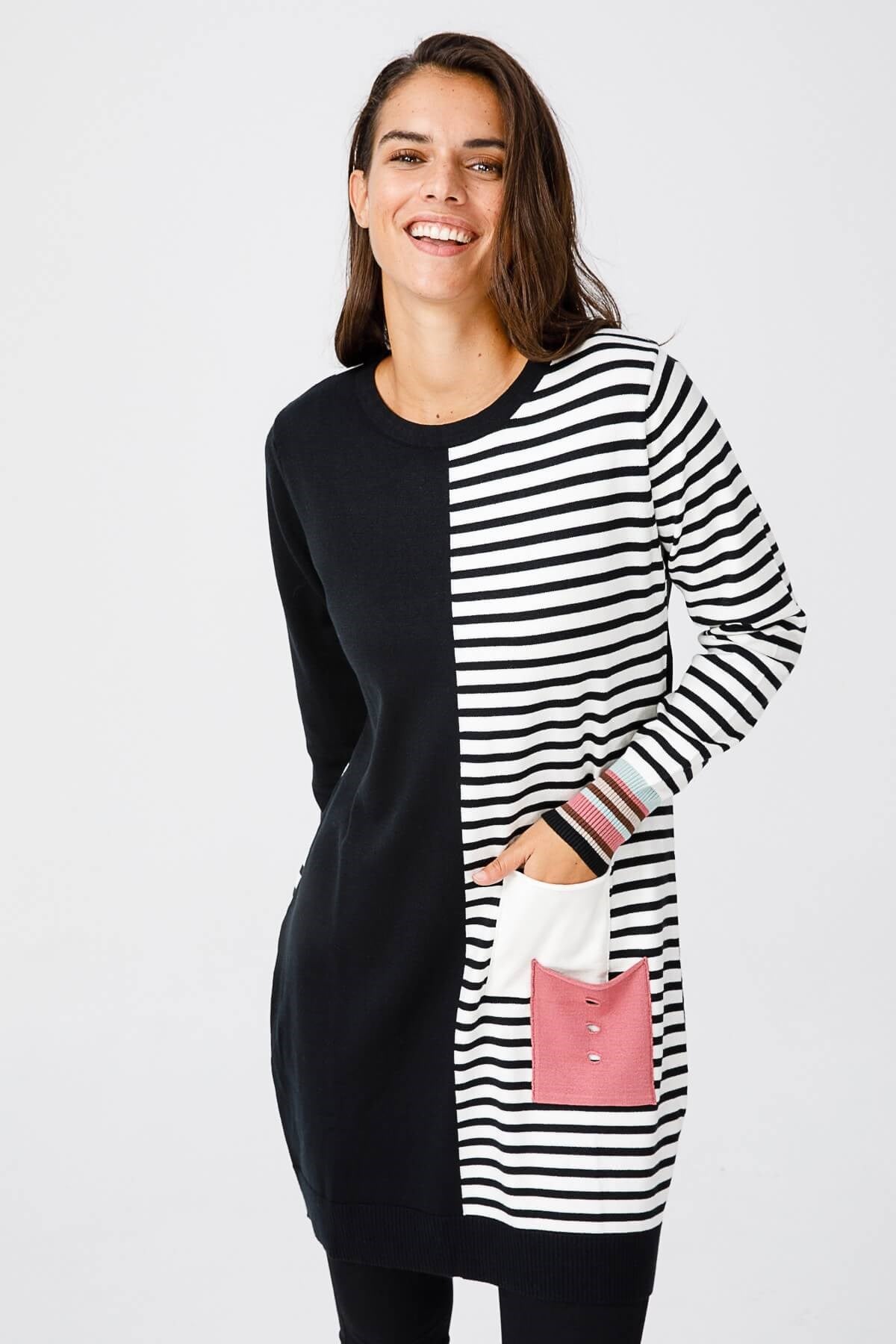 ON TRİKO Tunic On Triko  Kolu Çok Renkli Yarısı Çizgili Cep Detaylı Tunik  Siyah