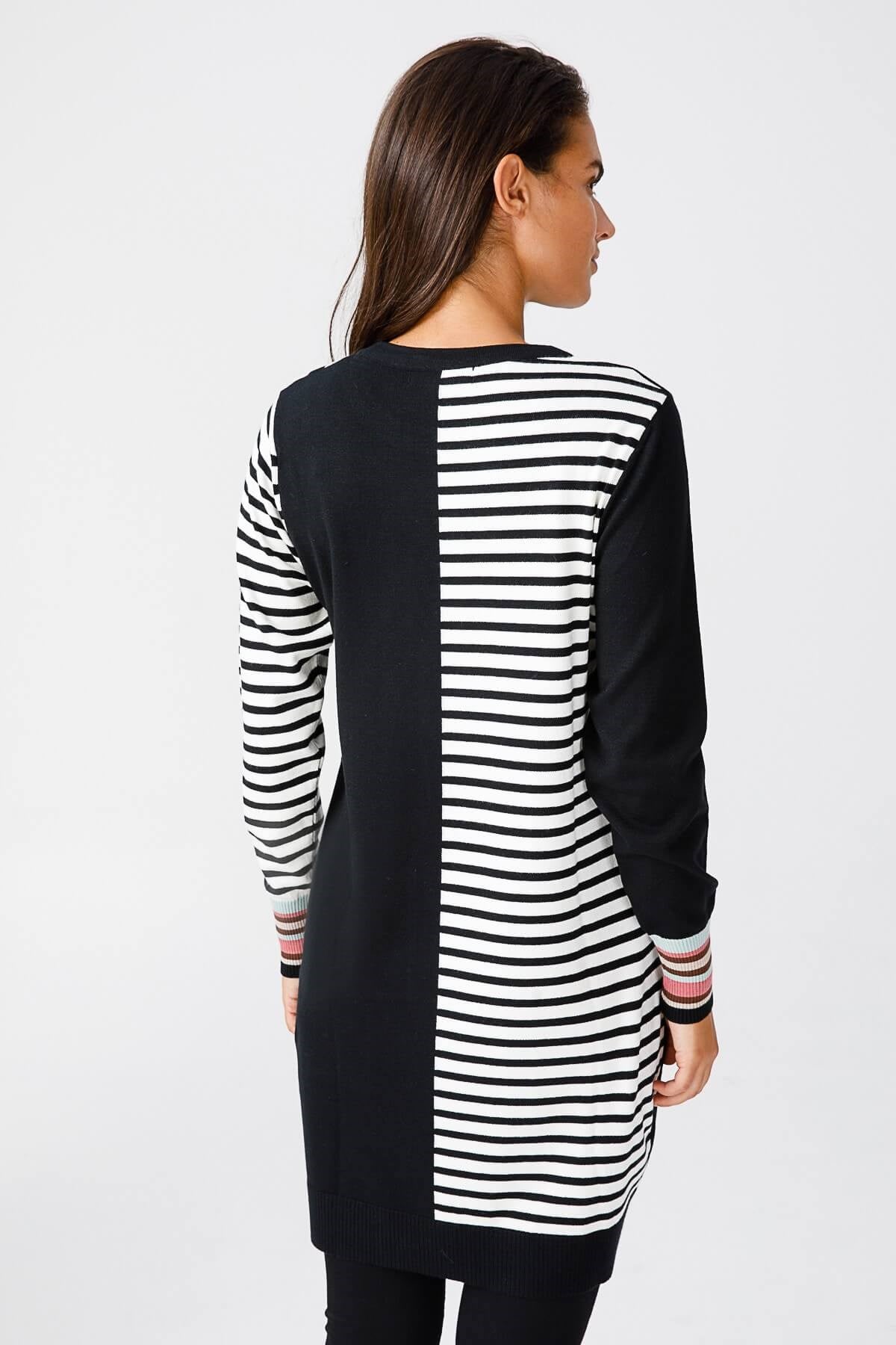 ON TRİKO Tunic On Triko  Kolu Çok Renkli Yarısı Çizgili Cep Detaylı Tunik  Siyah