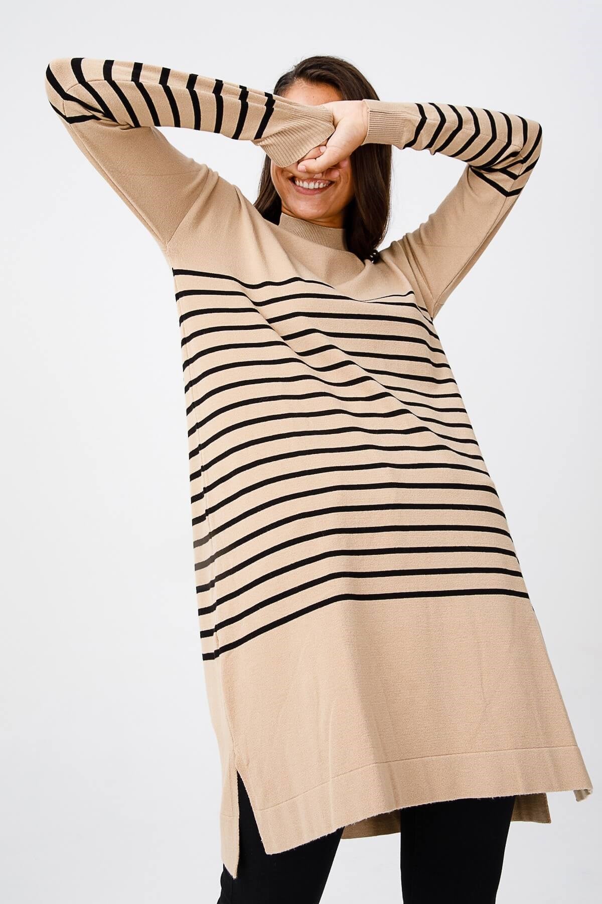 ON TRİKO Tunic On Triko Omzu Düğmeli Çizgi Detaylı Tunik  Camel