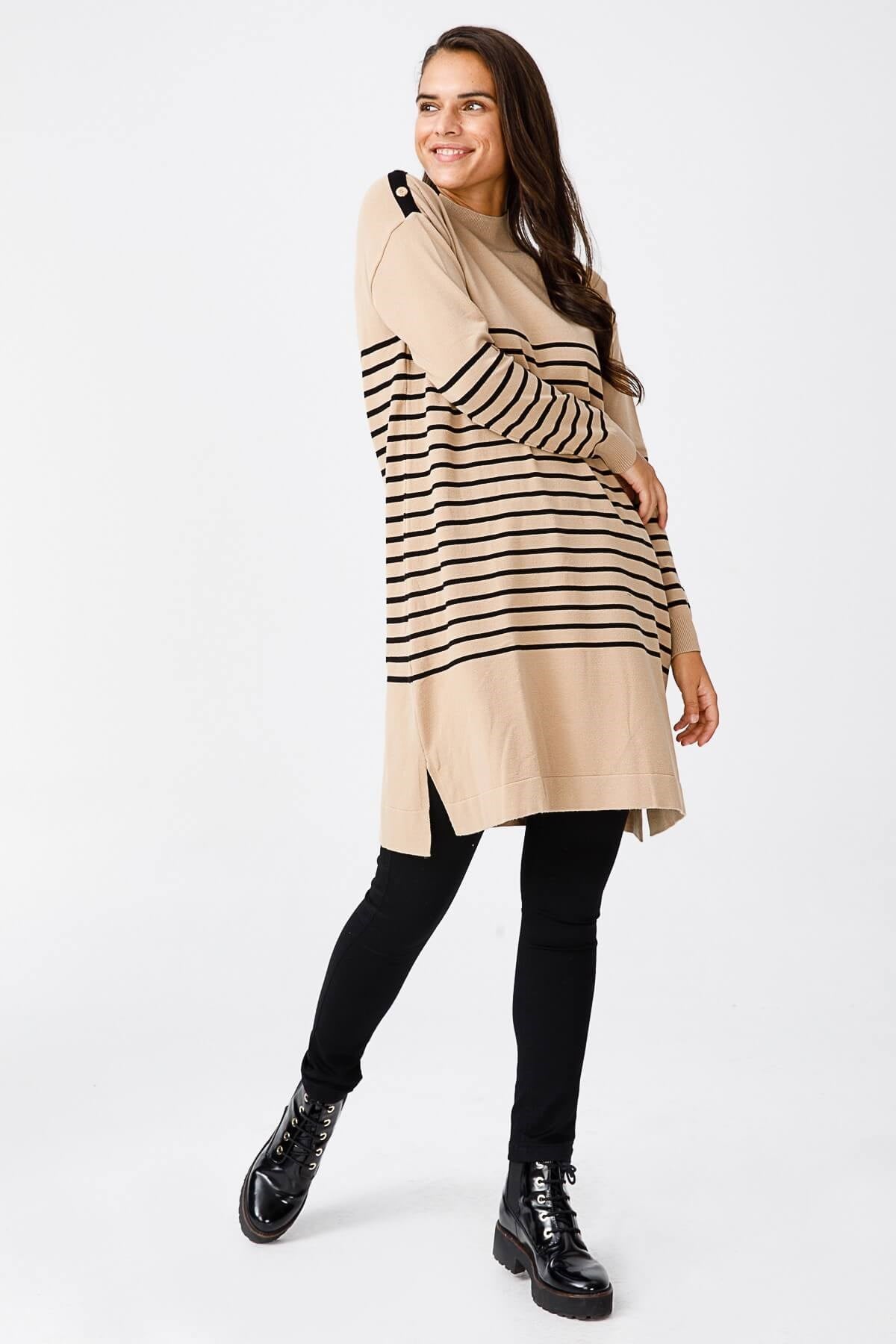 ON TRİKO Tunic On Triko Omzu Düğmeli Çizgi Detaylı Tunik  Camel
