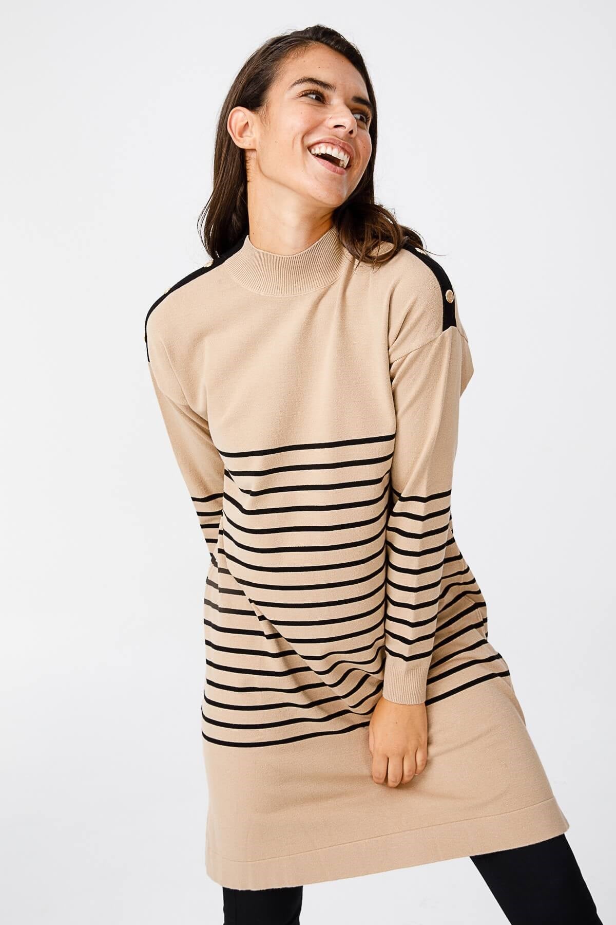 ON TRİKO Tunic On Triko Omzu Düğmeli Çizgi Detaylı Tunik  Camel