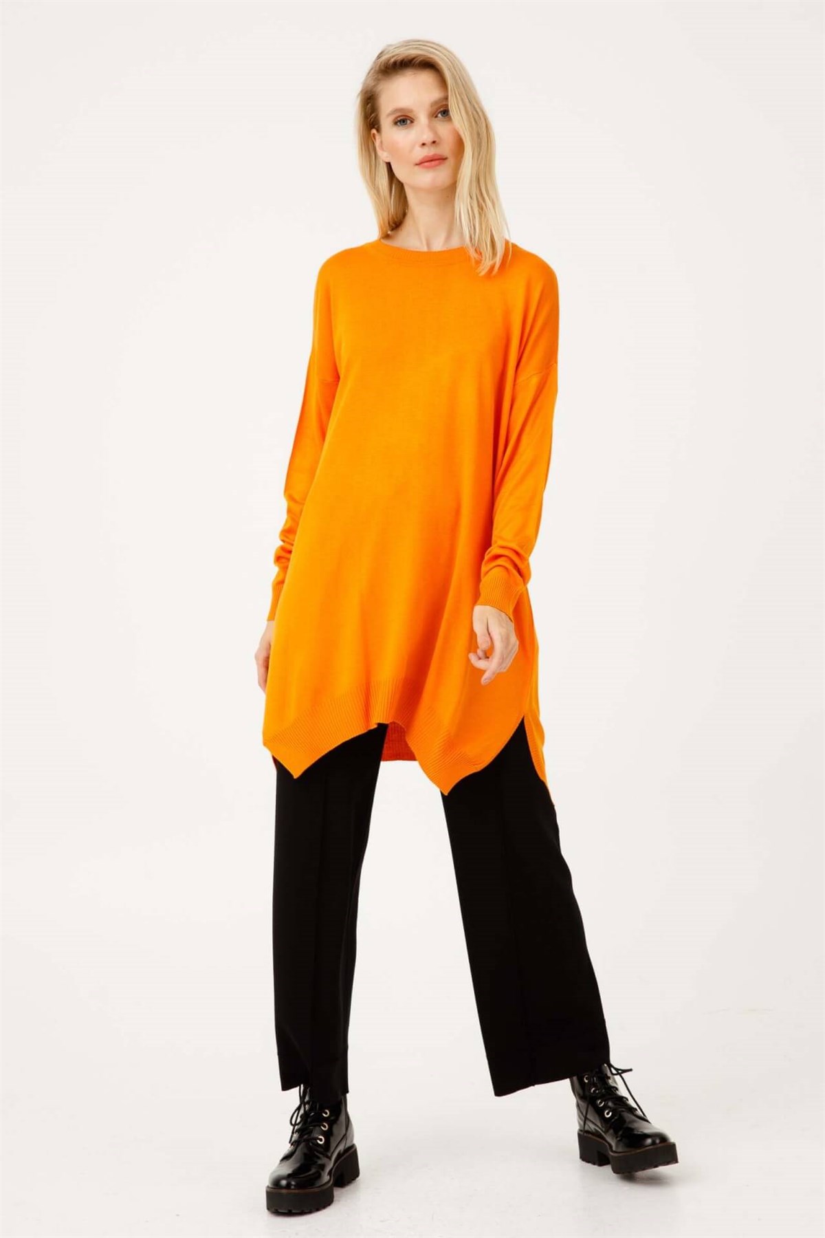 ON TRİKO Tunic Tunik Altı Asimetrik Sıfır Yaka  Oranj