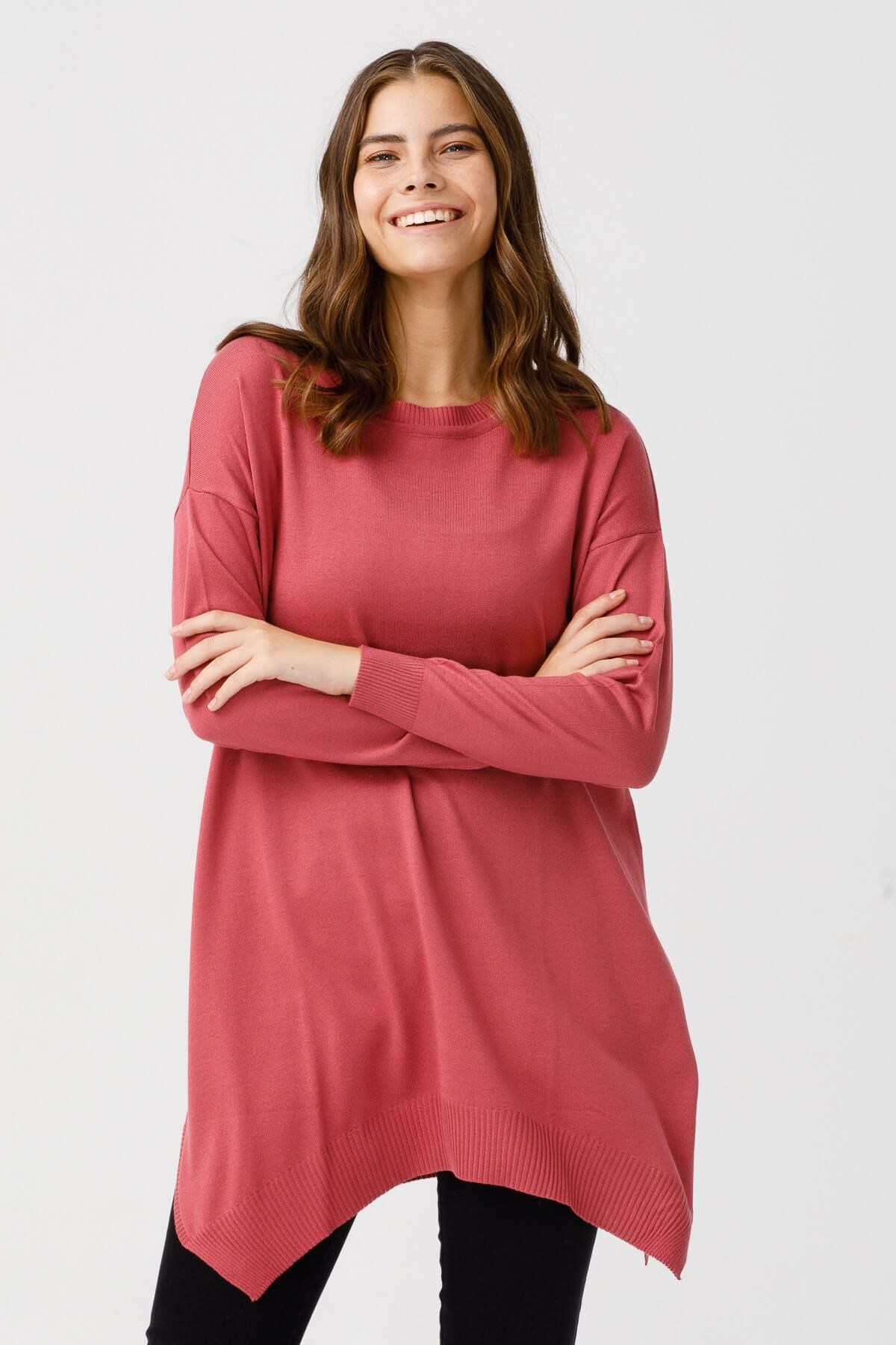 ON TRİKO Tunic Tunik Altı Asimetrik Sıfır Yaka  Rose