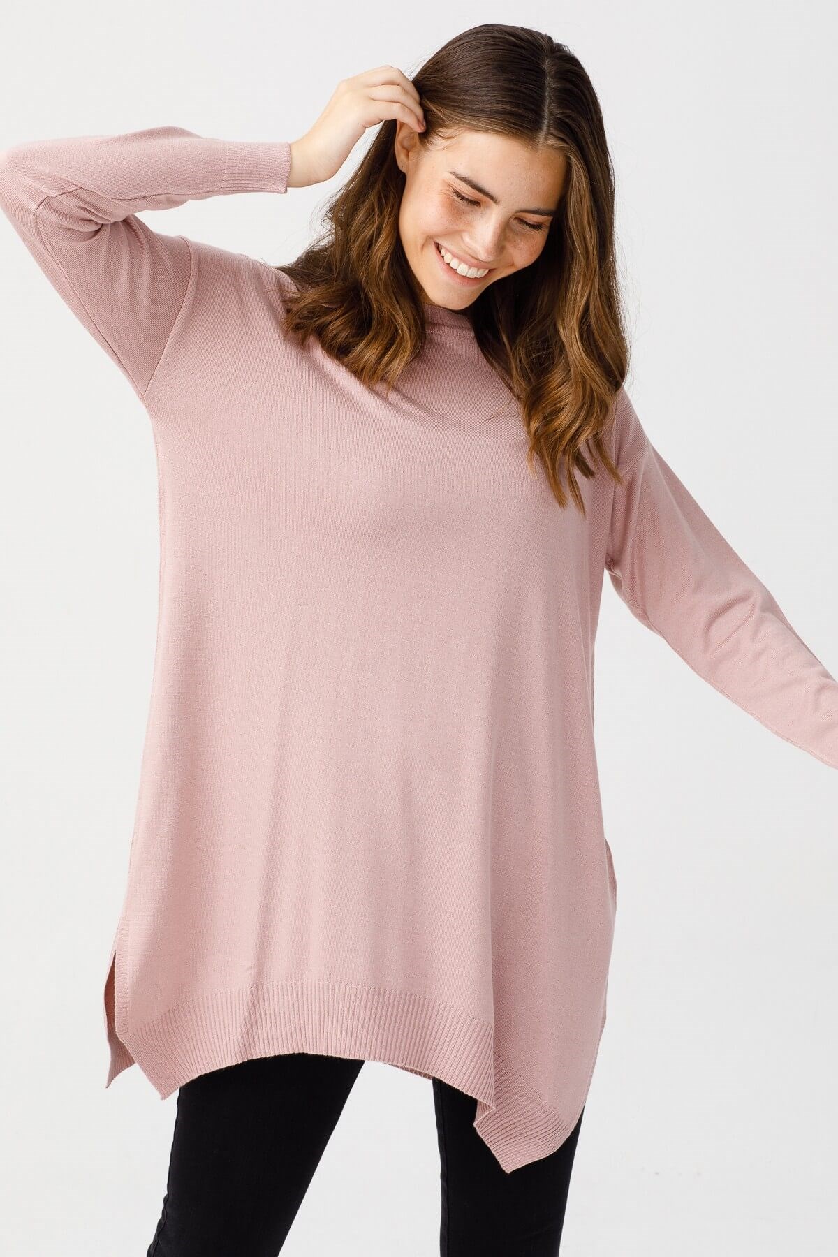 ON TRİKO Tunic Tunik Altı Asimetrik Sıfır Yaka  Pudra