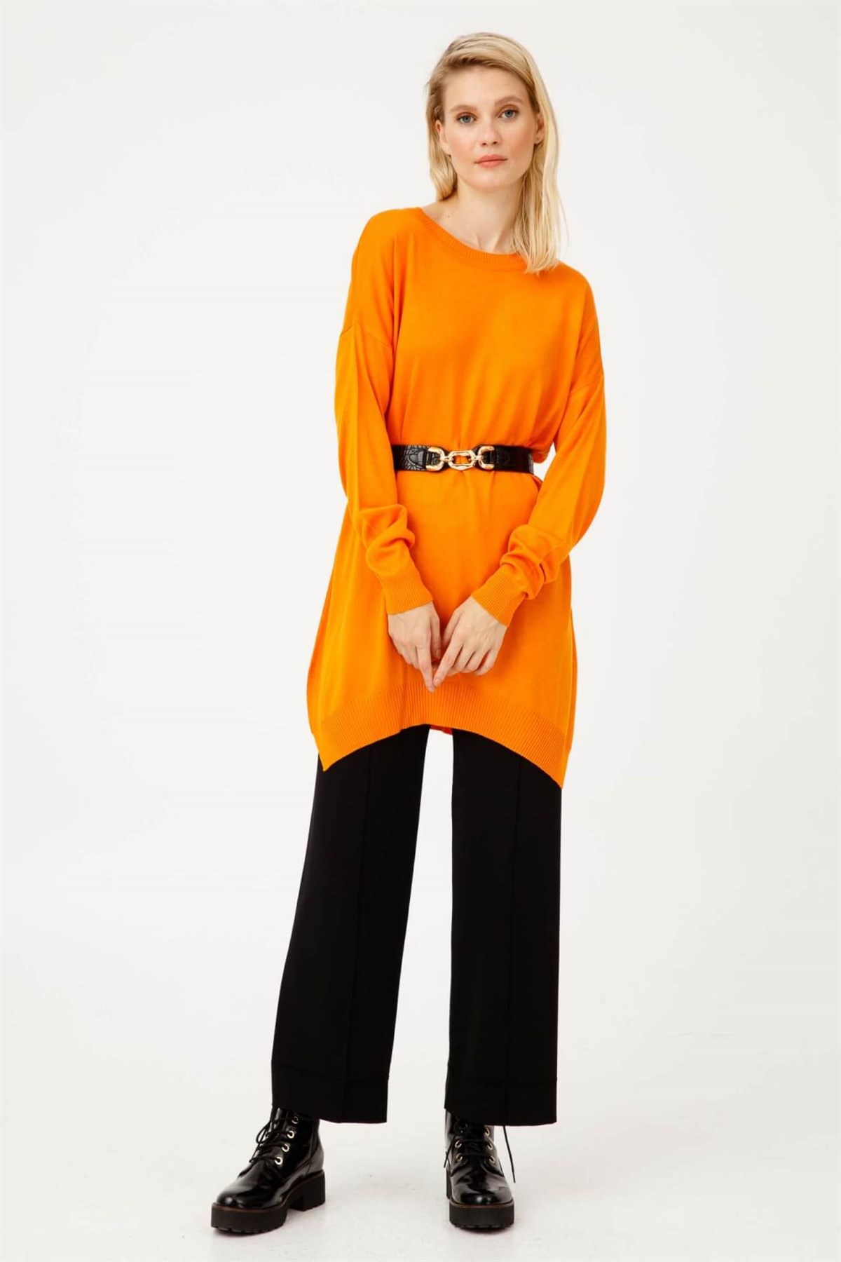 ON TRİKO Tunic Tunik Altı Asimetrik Sıfır Yaka  Oranj