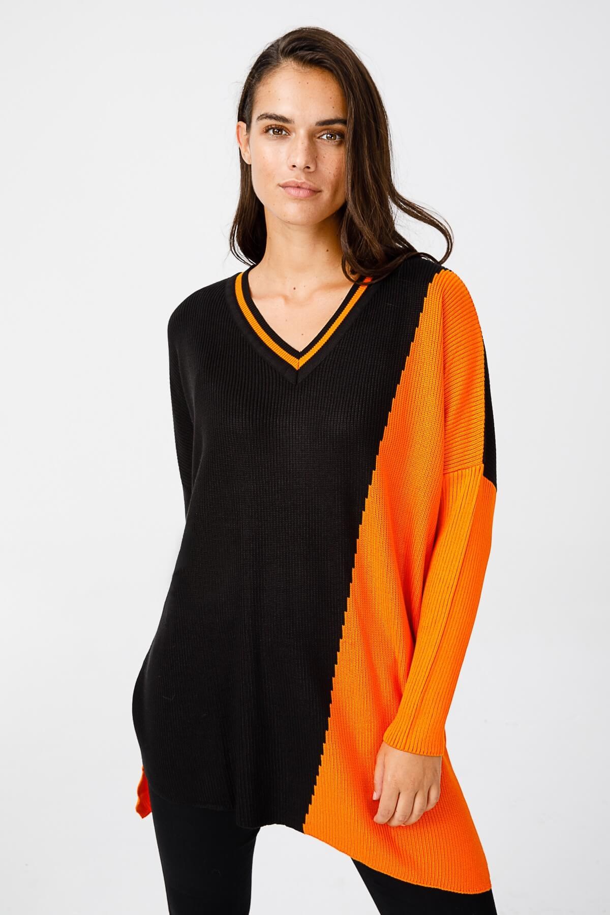 ON TRİKO Tunic Tunik İki Renkli V Yaka T Kol Triko  Oranj