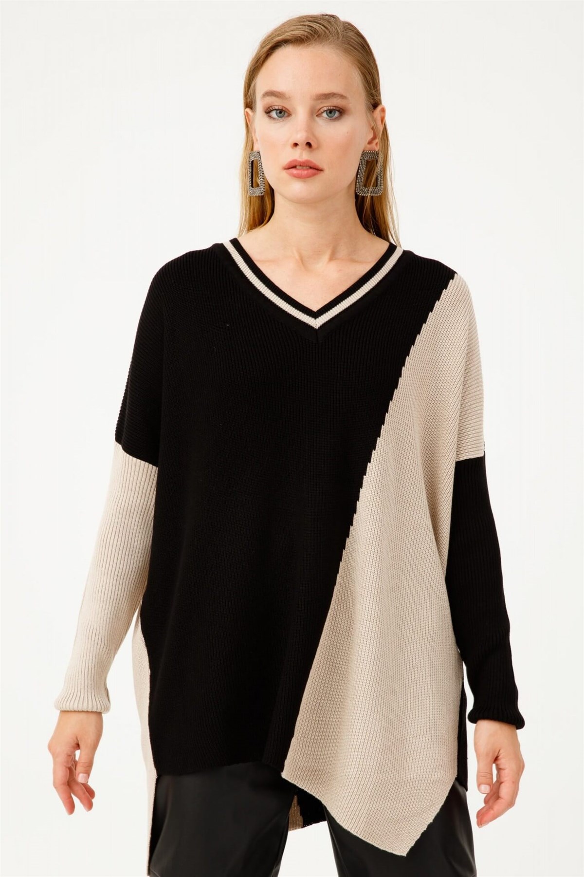 ON TRİKO Tunic Tunik İki Renkli V Yaka T Kol Triko  Bej