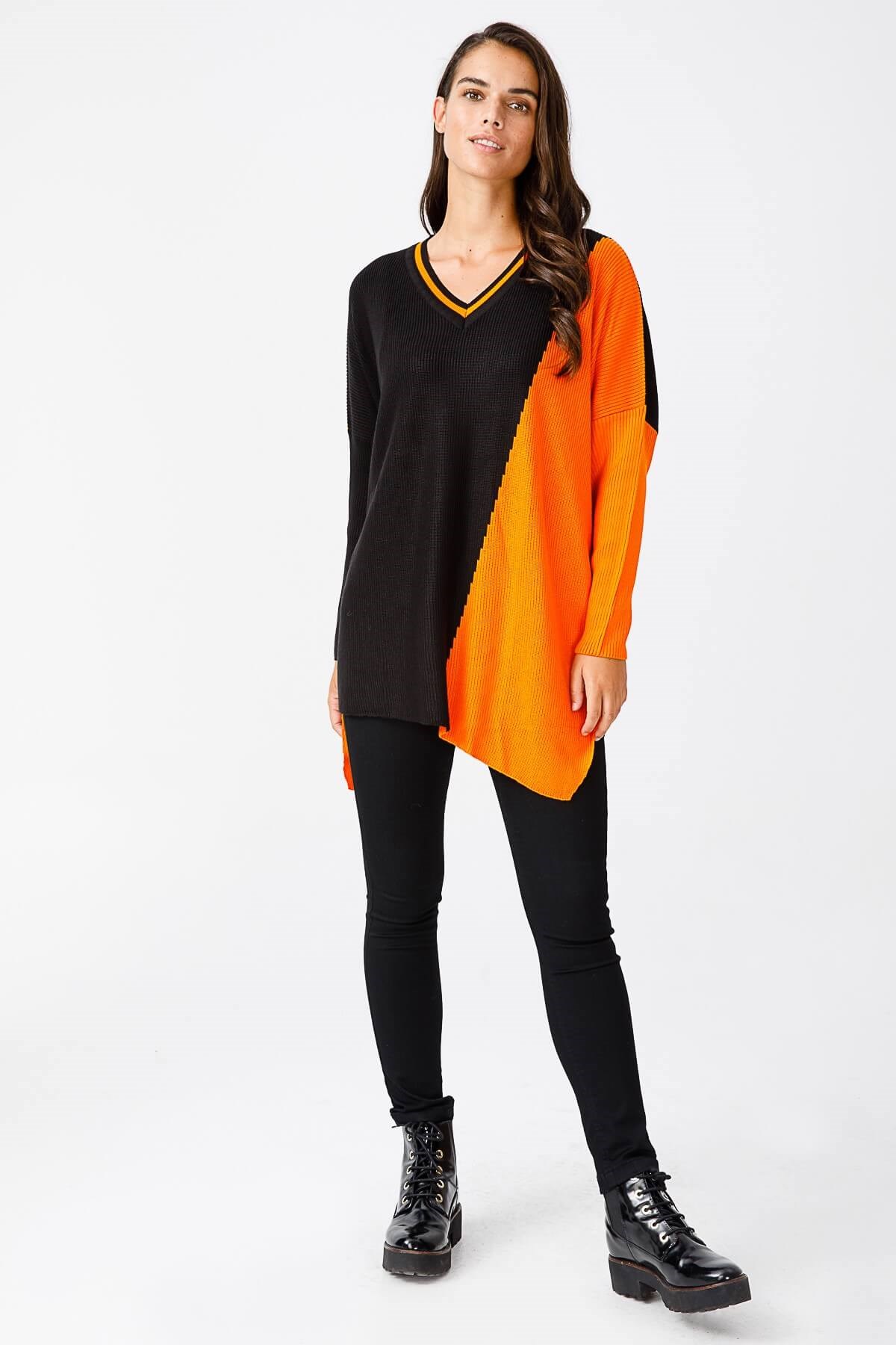 ON TRİKO Tunic Tunik İki Renkli V Yaka T Kol Triko  Oranj