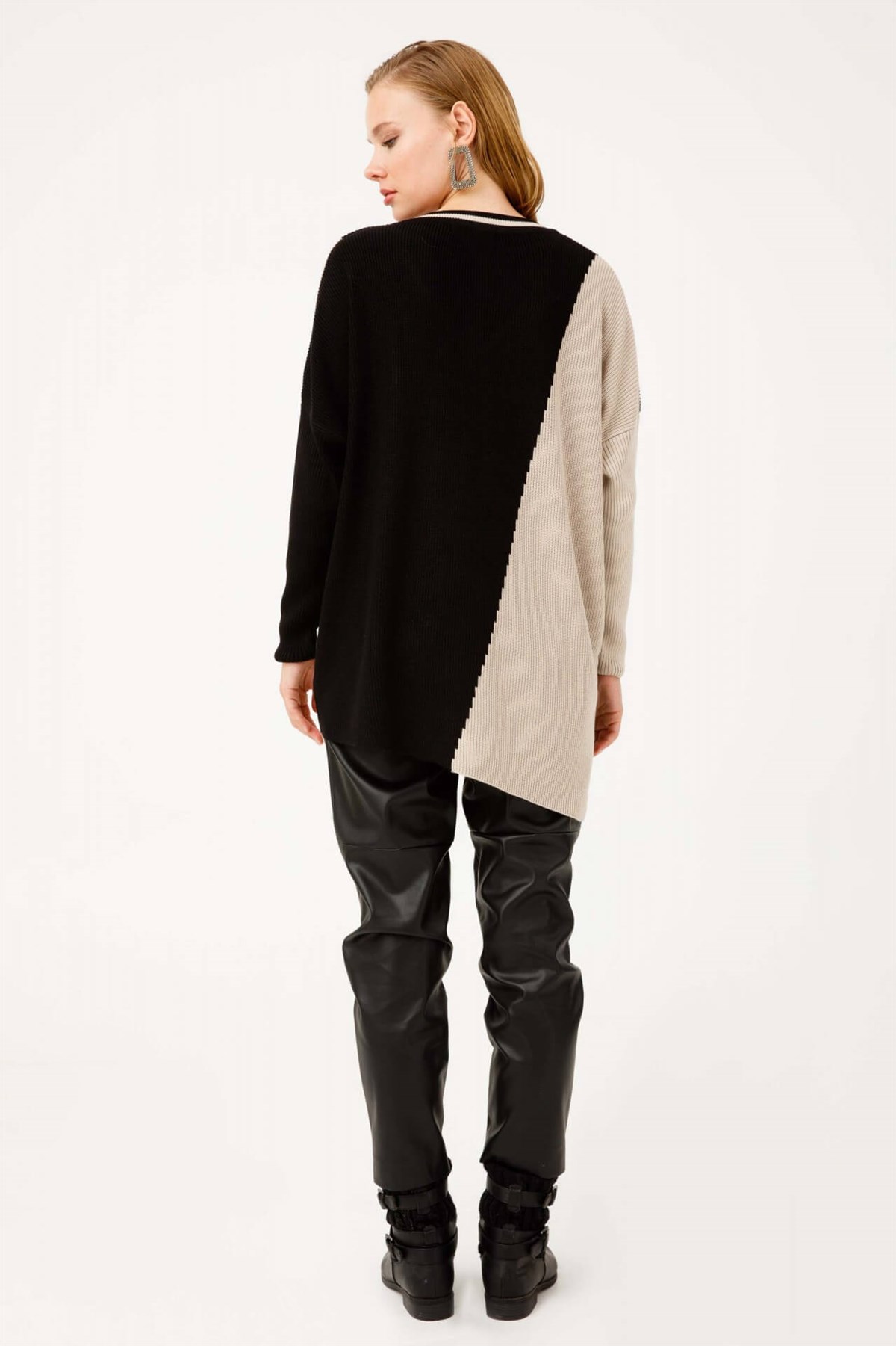 ON TRİKO Tunic Tunik İki Renkli V Yaka T Kol Triko  Bej
