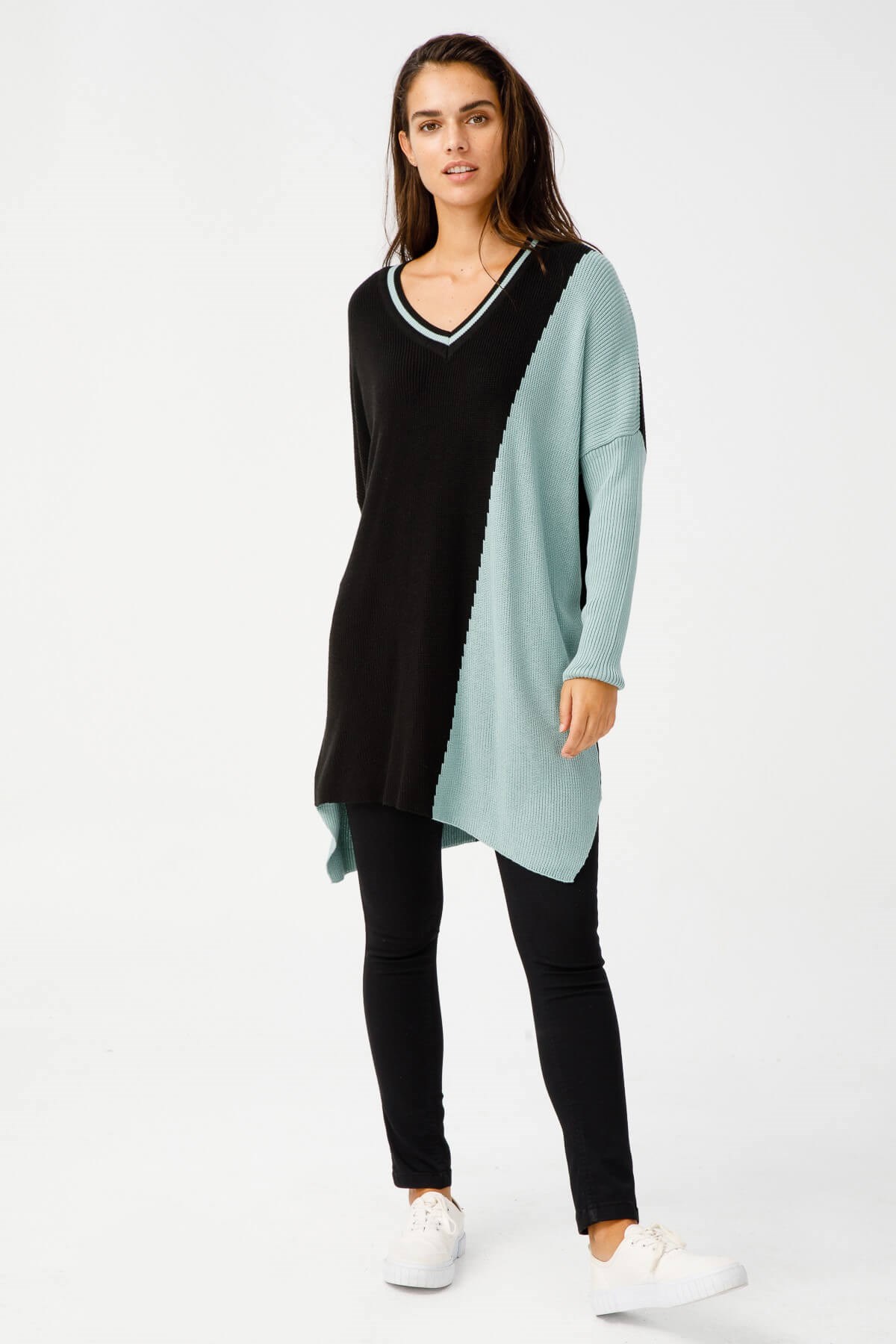 ON TRİKO Tunic Tunik İki Renkli V Yaka T Kol Triko  Mint