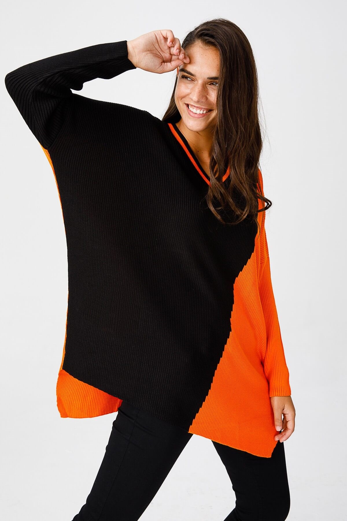 ON TRİKO Tunic Tunik İki Renkli V Yaka T Kol Triko  Oranj