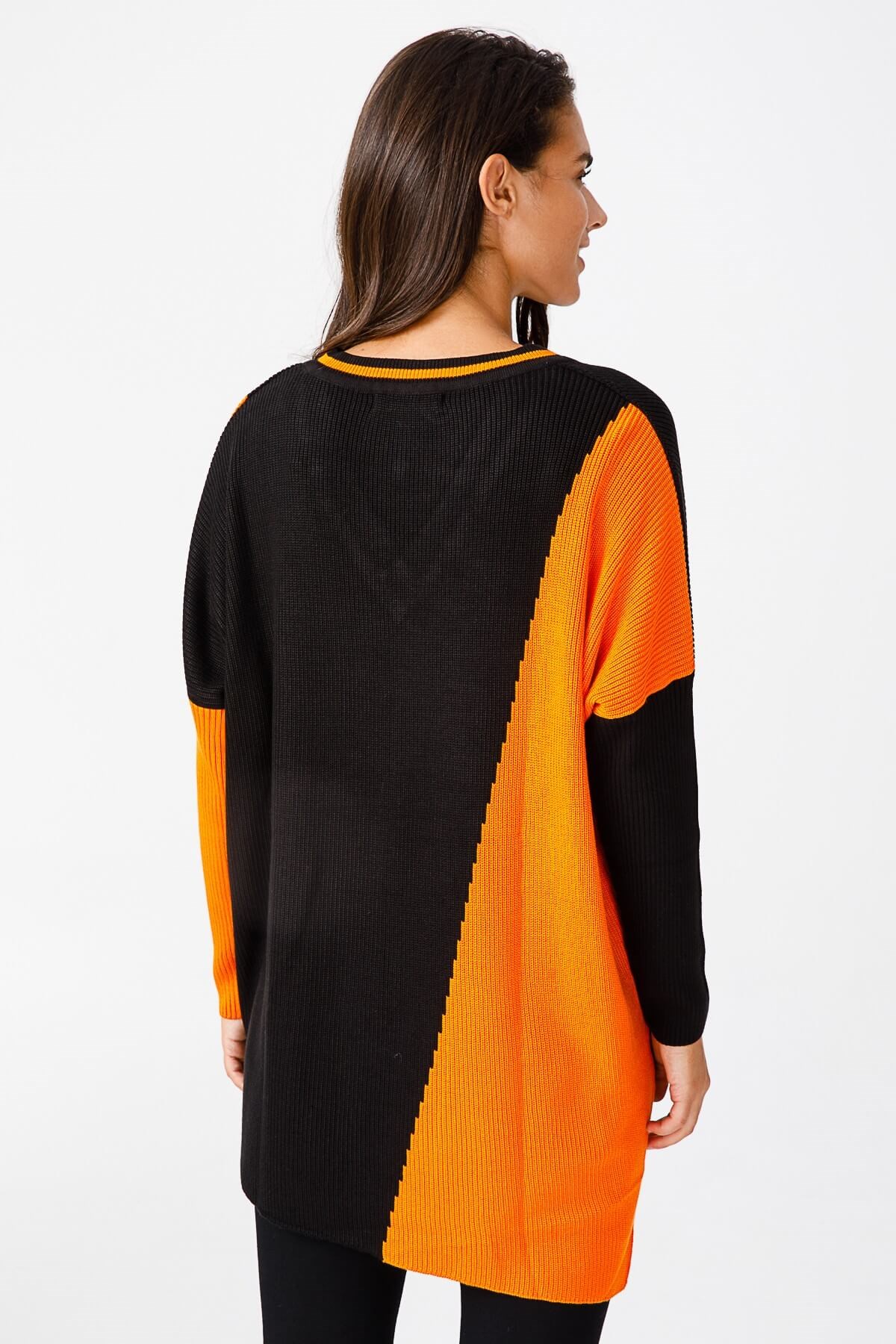 ON TRİKO Tunic Tunik İki Renkli V Yaka T Kol Triko  Oranj